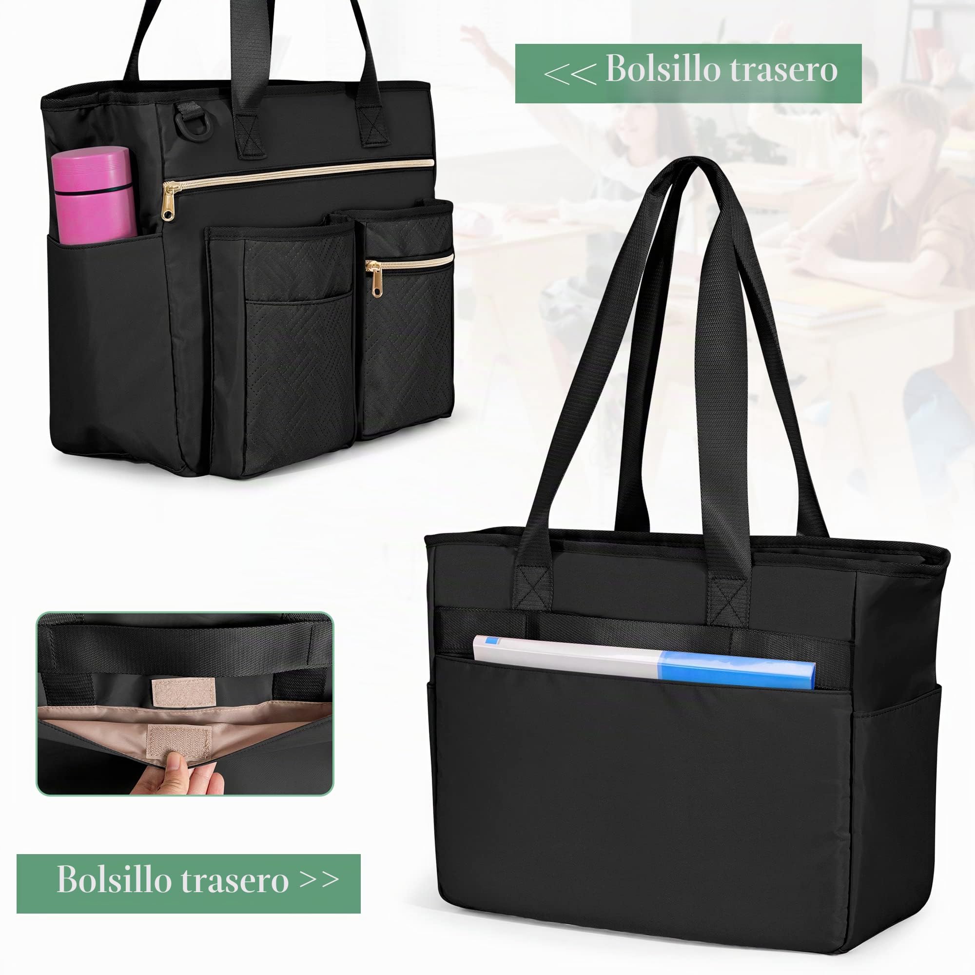 Fasrom Borsa Lavoro per Insegnanti con Scomparti per Laptop, Nero | Gran capacidad con múltiples bolsillos, resistente al agua, con banda para maleta, ideal para trabajo, escuela y viajes