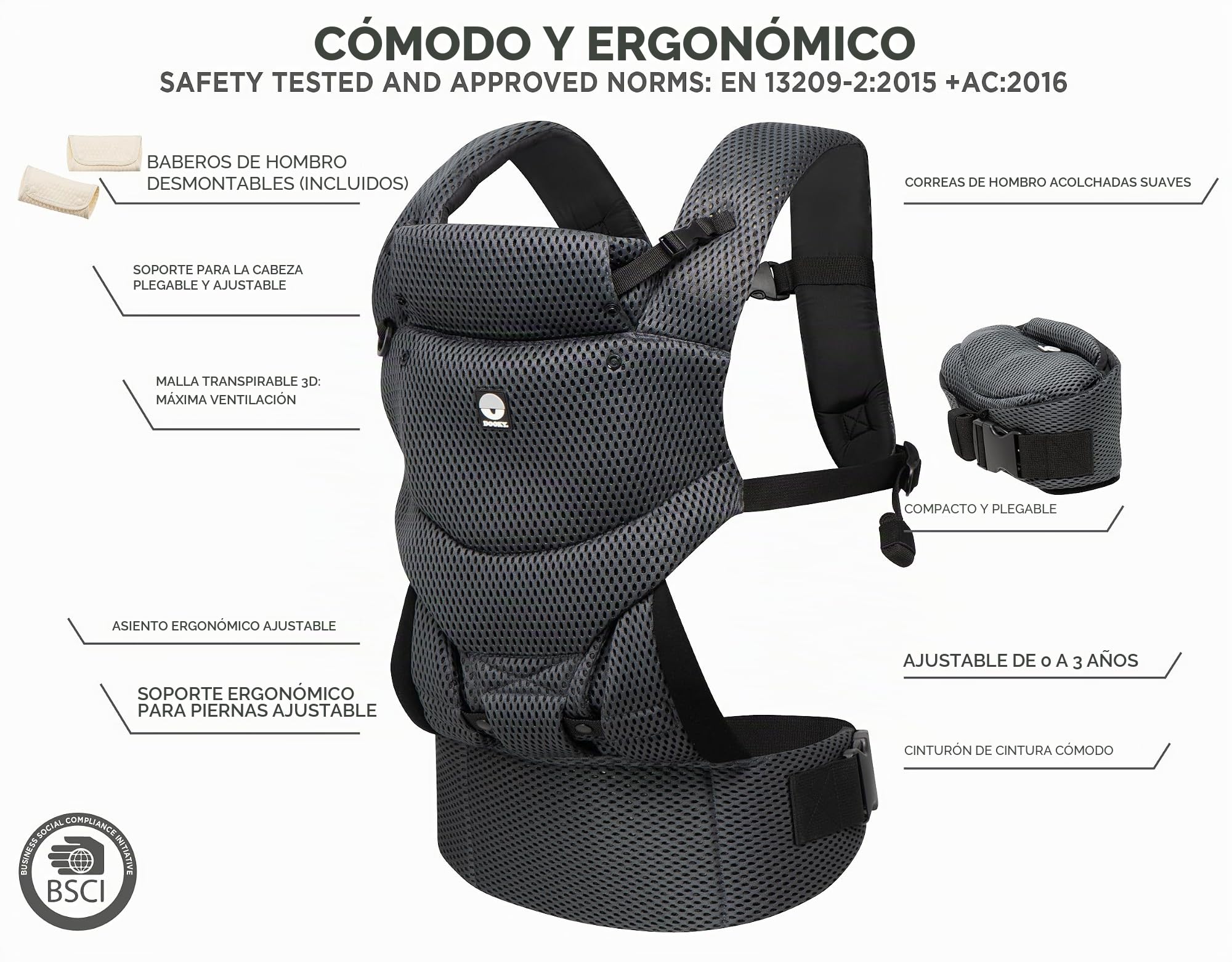 Dooky Urban Comfort - Portabebés ergonómico (apto desde el nacimiento 0-3 años y 3,5-15 kg, material transpirable, tres opciones de transporte diferentes), color negro