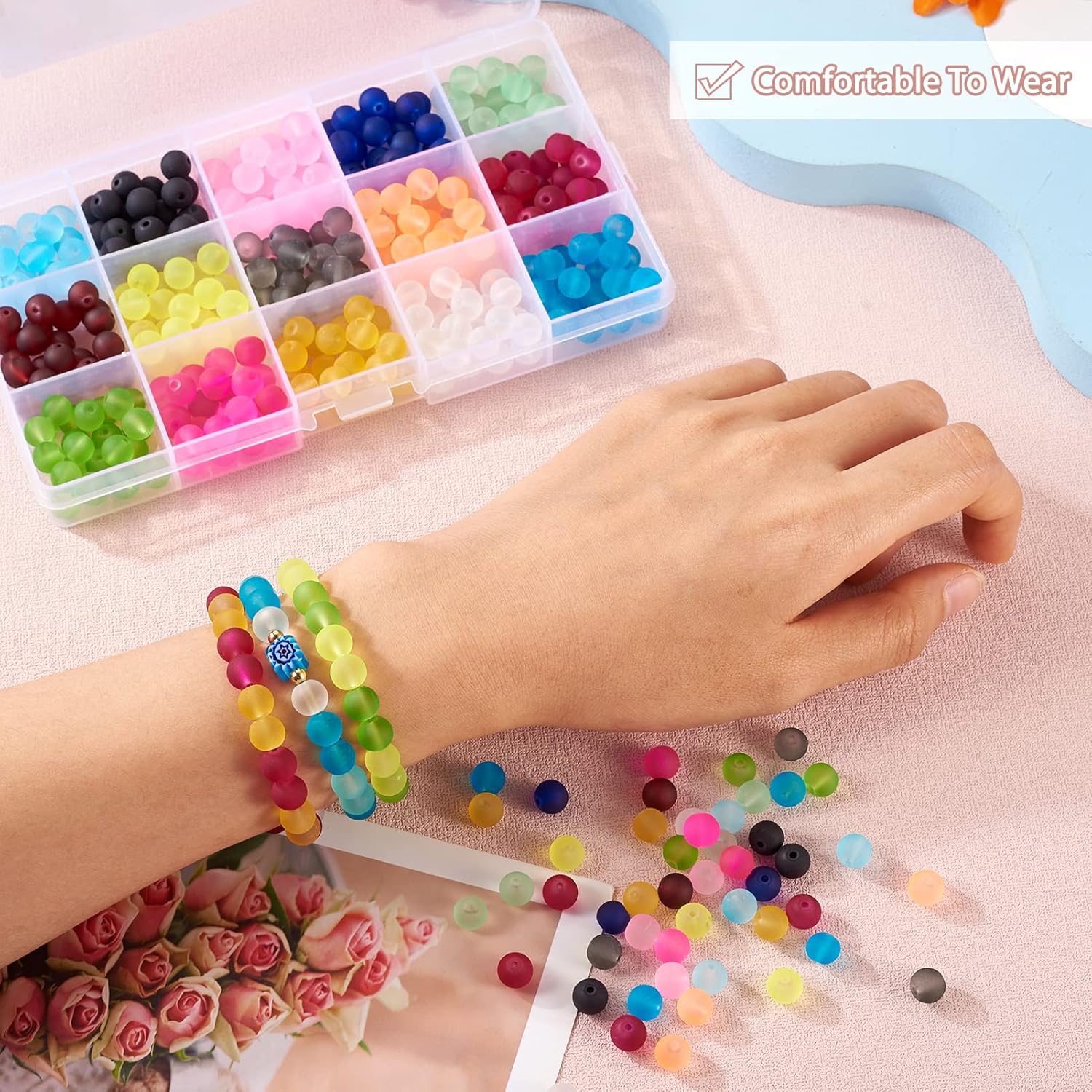 Pandahall 1Box/330pcs 15 Color 8mm Jewelry Glass Beads Transparent Glass Round Beads Frosted Dyed Mixed Color Hole: 1.3-1.6mm