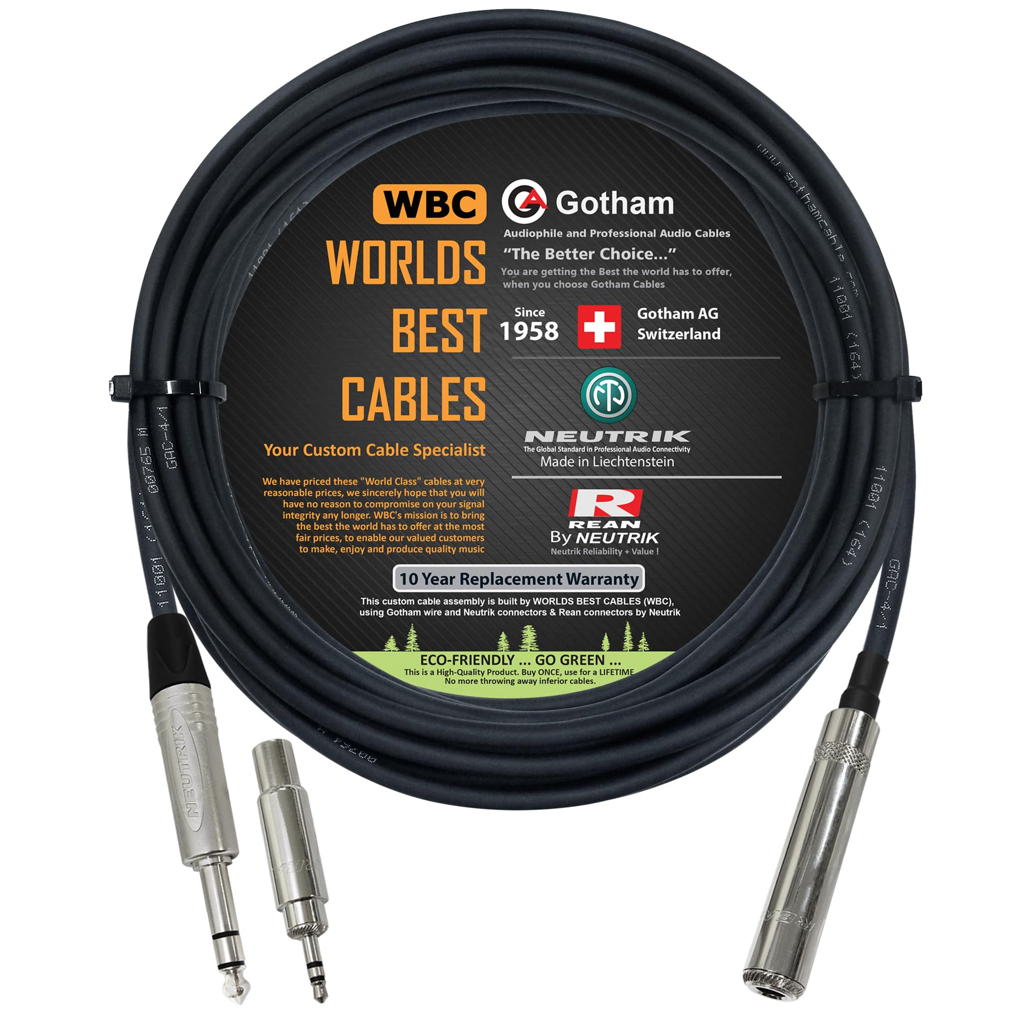 WORLDS BEST CABLES 25 Foot - Gotham GAC-4/1 Star-Quad Stereo Headphone Extension Cable & Neutrik TRS Plug to Neutrik-Rean ¼ inch 3-Pole Jack + 3.5 mm
