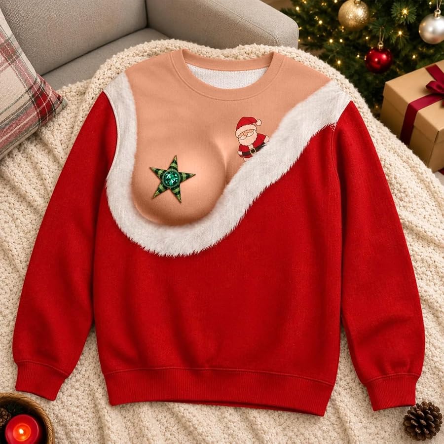 Generisch Weihnachtspullover Damen Lustig Sweatshirt Ugly Christmas Sweater für Party Weihnachts Pullover 3D Druck Hässliche Weihnachtspulli Xmas Oberteil Longsleeve Weihnachtsoutfit Rot S, Bild 3