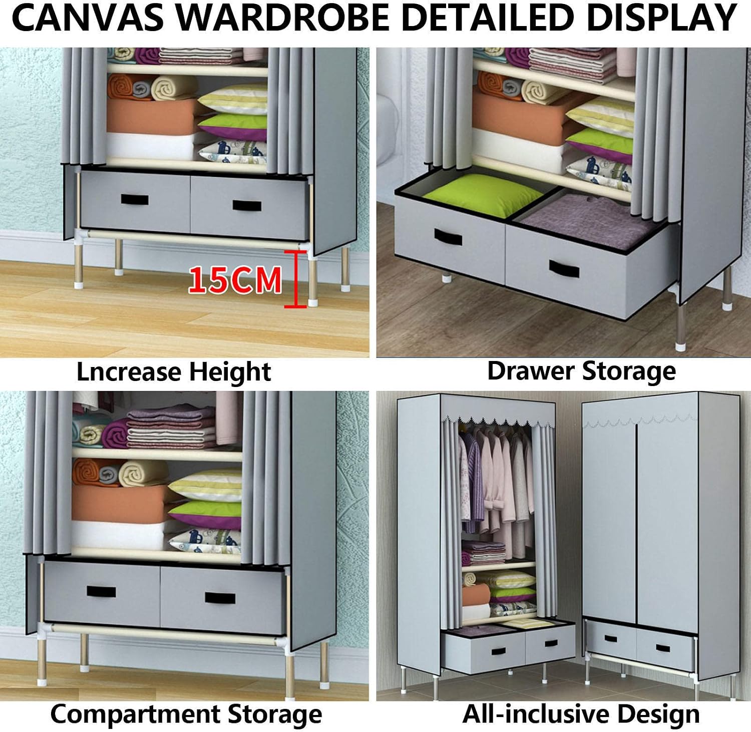 Wardrobe Fabric Canvas Wardrobe, Foldable Wardrobe Storage Organizer with Hanging Rod for Bedroom, Blue-140x45x168cm