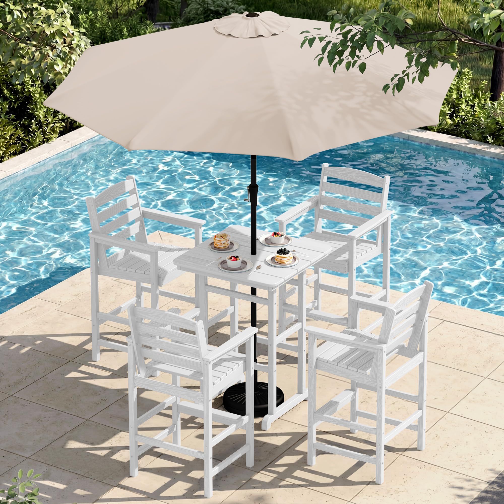 SERWALL 6 Pcs HDPE Bar Height Chairs and Bar Table &amp; Umbrella Set, Aruba
