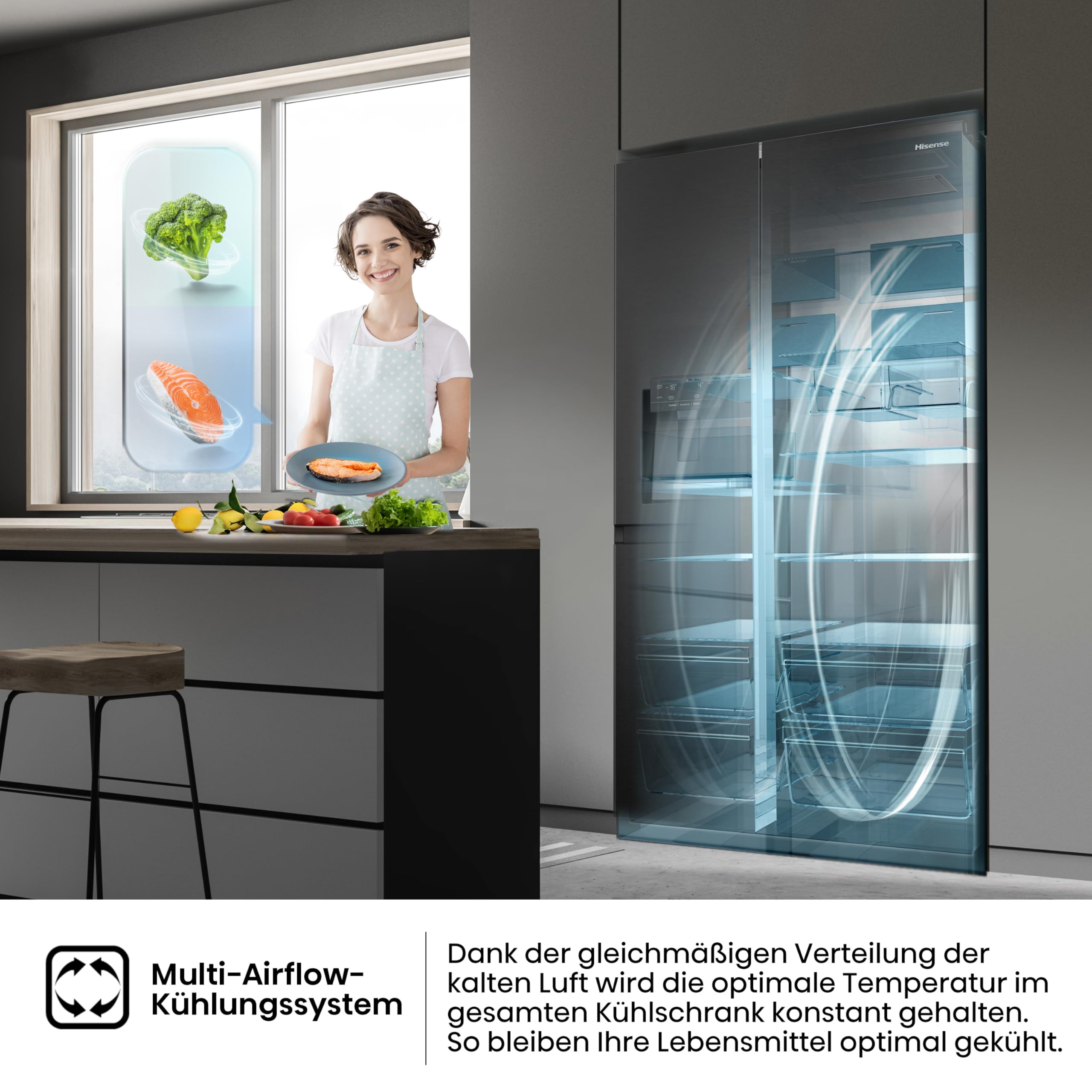 Hisense RS818N4TFC Side by Side – Kühl-Gefrierkombination, EEK C, Eis-Wasserspender, LED Display, Total No Frost, Multi Air Flow, Fast Freeze, schwarz