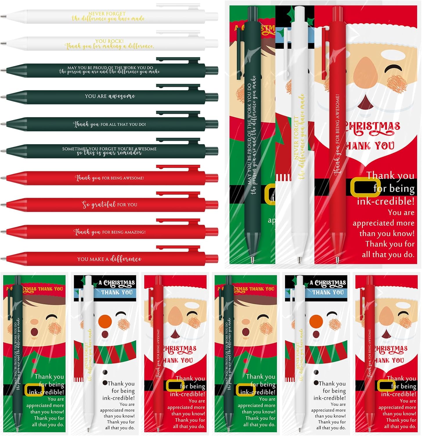 Gueevin 30 Set Christmas Pens Gifts Bulk for Coworkers Santa Inspirational Claus Pens Novelty Snowman Elf with Thank You Cards Christmas Gift Ideas for Office Staff Team Coworker Volunteer (Colorful)