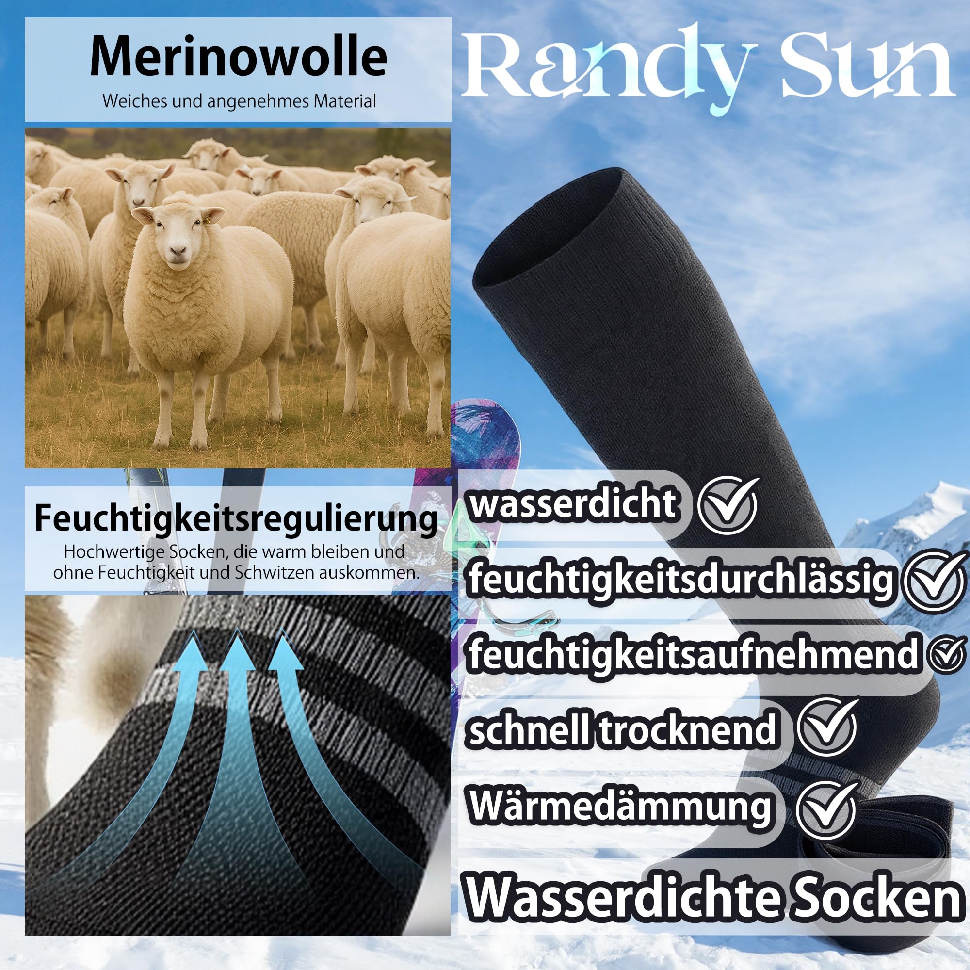 RANDY SUN Wasserdichte Wandersocken Herren Damen Atmungsaktive Thermosocken mit 3-Lagig Membran Winddicht Warme Winter Socken für Trekking Ski Angeln Fahrrad