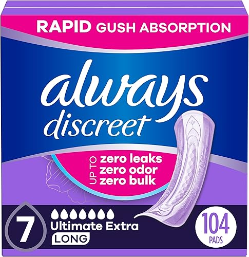 Always Discreet Almohadillas de incontinencia adultas para mujeres, máxima absorción extra, larga duración, almohadillas posparto, 104 unidades (4
