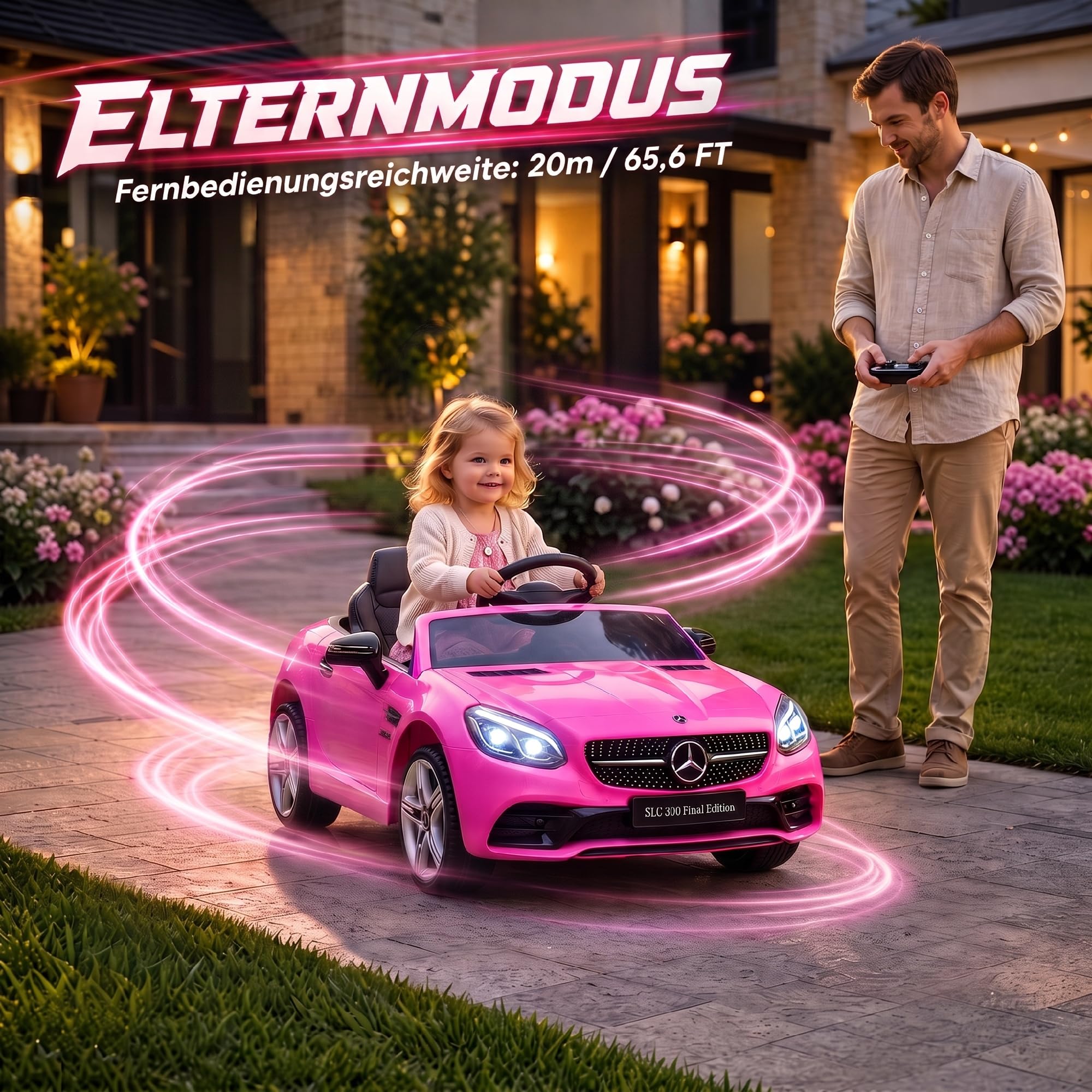 AIYAPLAY Voiture Électrique pour Enfants Licence Mercedes SLC 300 12V Rose | 5 Km/h, Effets Sonores + Lumineux, Télécommande Parentale 2,4G, Véhicule Électrique Enfant 3 à 6 Ans