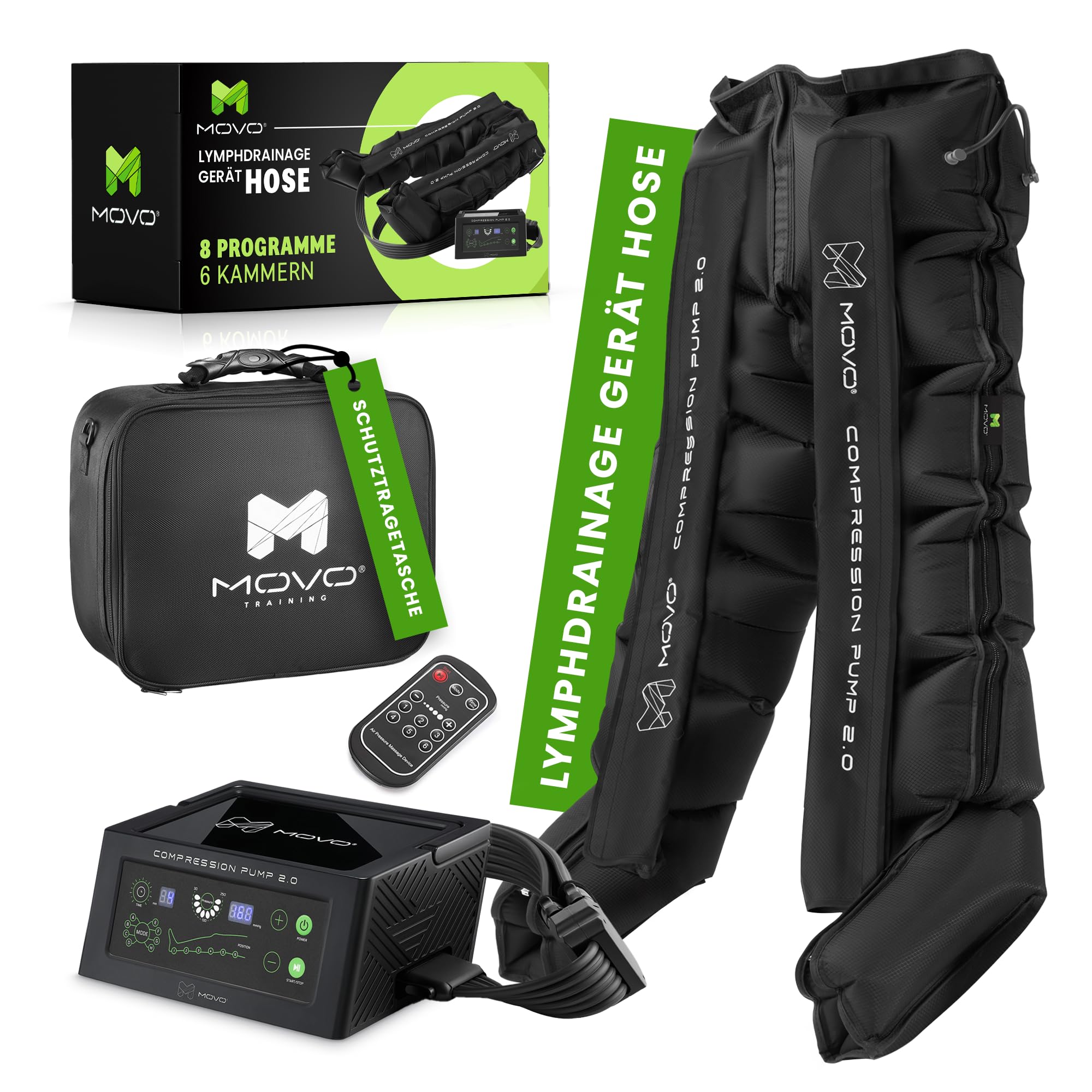 MOVO Lymphdrainage Gerät Hosen mit 6 Luftkammern und 8 Massageprogrammen, Pressotherapie, hochwertiges Beinmassagegerät zur Förderung (Hose - Universal) (Hose)