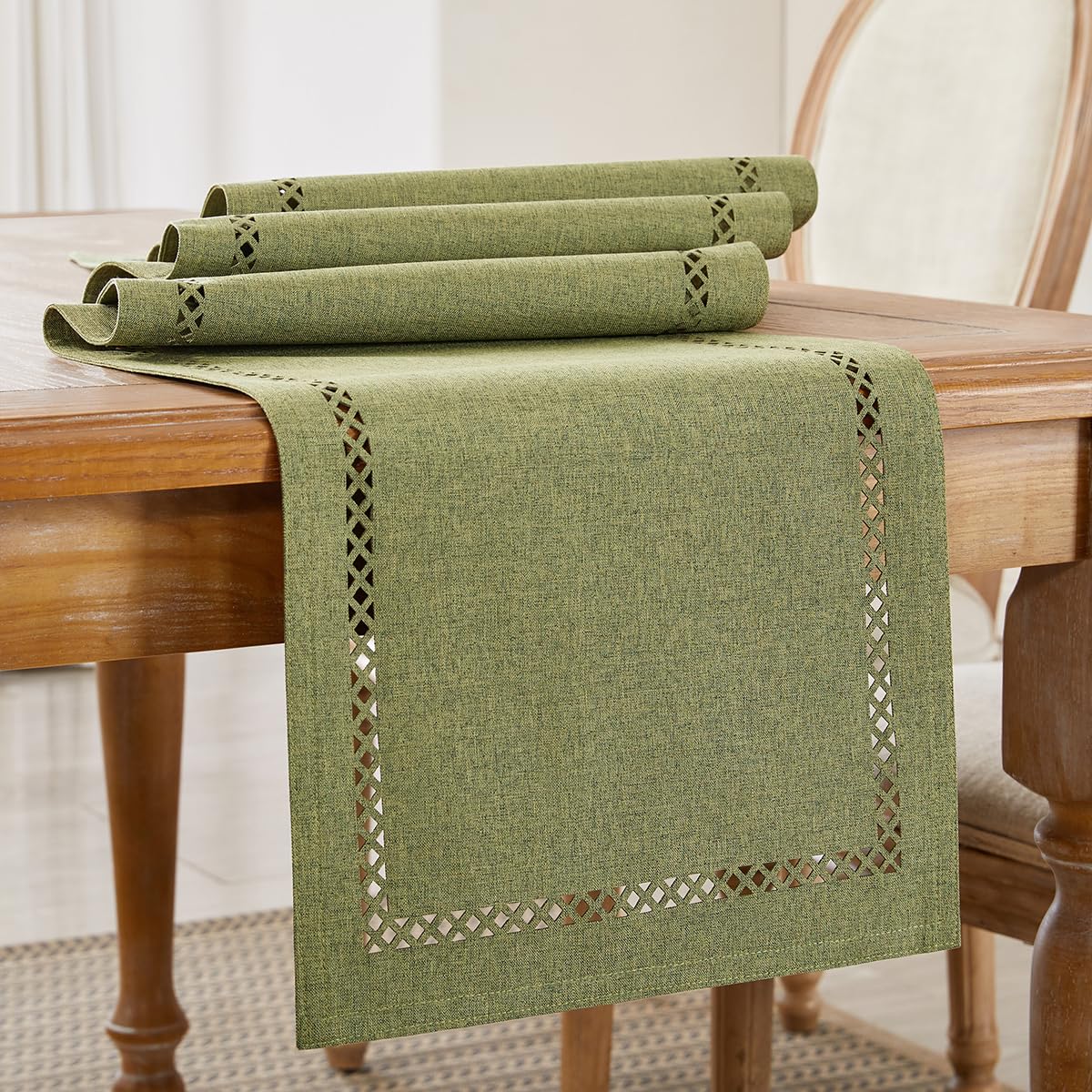 Wracra Boho Linen Style Table Runner, 180 cm Long Rustic Table Runners, Unique Two-layer Geometric Hollow Table Runner for Dining Holiday Parties and Everyday Use (Sage Green, 180cm) — image 1
