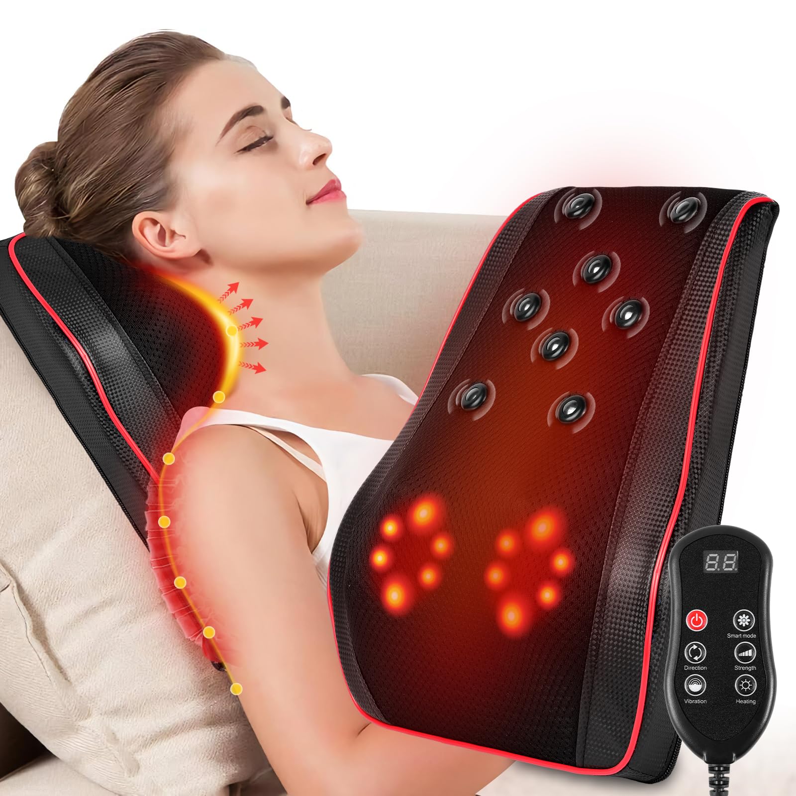 Masajeador Cervical y Espalda con Calor y Vibración, Almohada Masajeadora Eléctrica de Amasado 3D