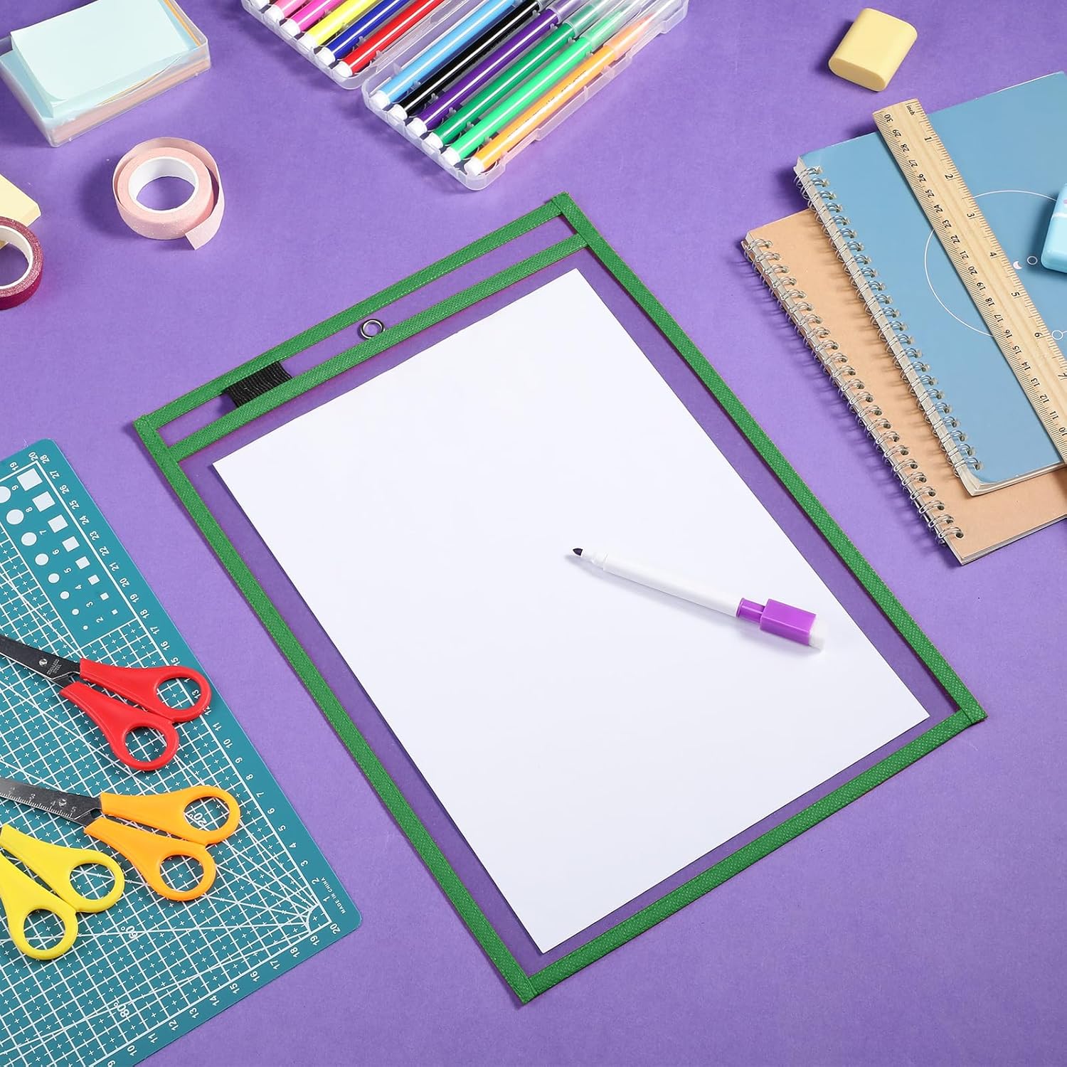 Nezyo Dry Erase Pockets Plastic Job Ticket Holders Shop Holder Order Pockets Clear Sleeves Tickets Folders Plastic Sleeves Paper Teacher Supplies for Classroom(14 x 10 in,Green,50 Pcs)