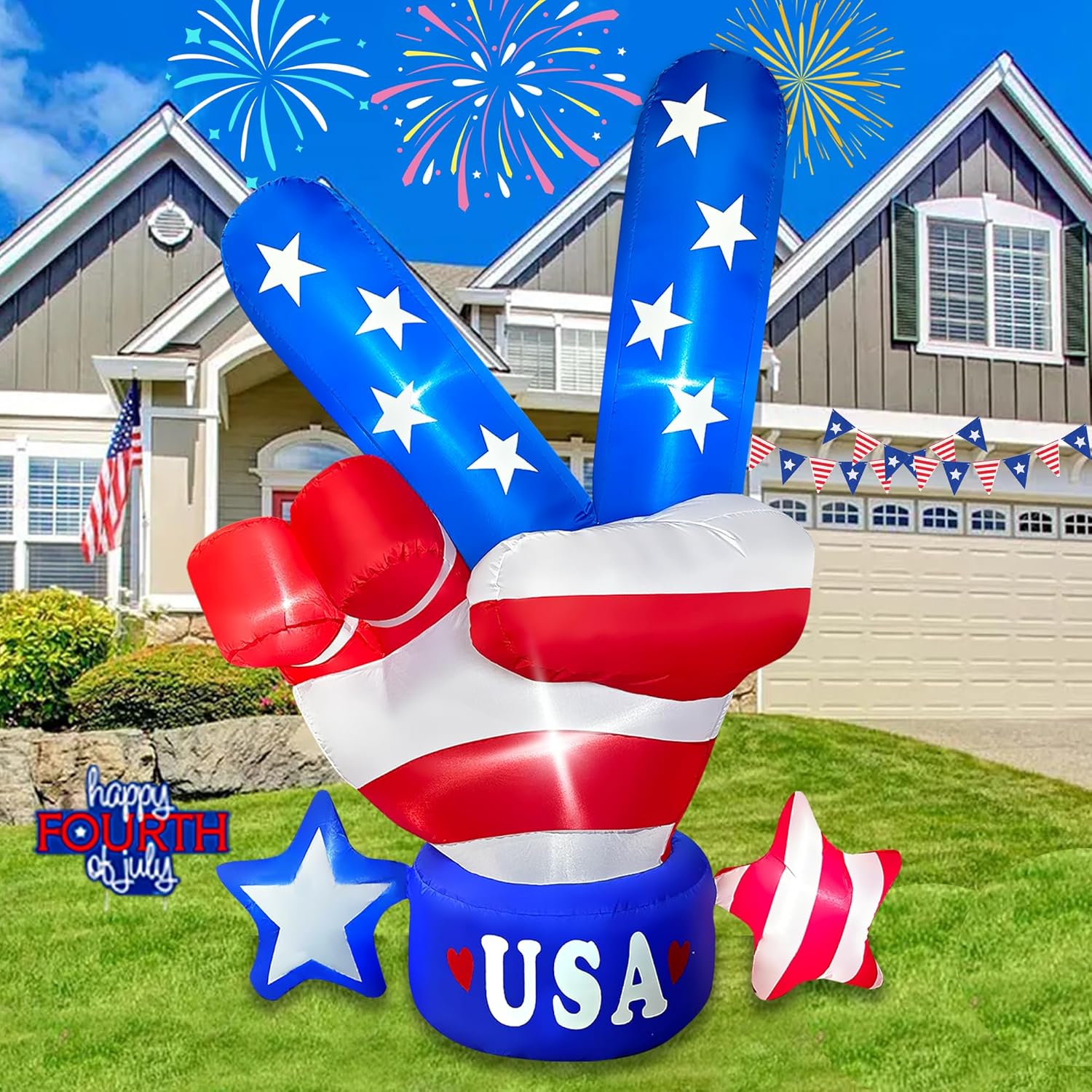 BLOWOUT FUN 5ft Tall Patriotic Independence Day 4th of July Inflatable Victory Gesture LED Blow Up Lighted Decor Indoor Outdoor Holiday Art Decor Decorations