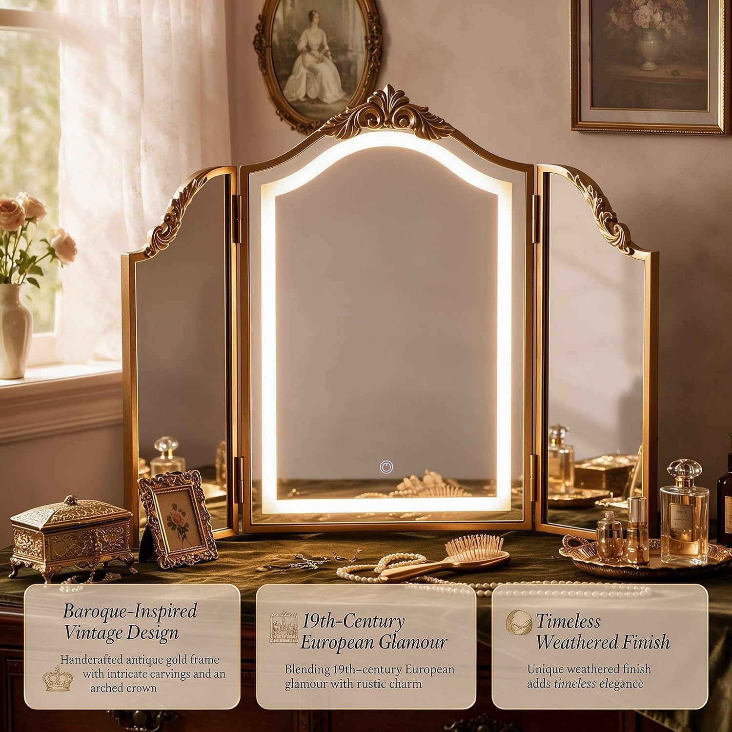 HSDDHOME Antique Gold Triple Fold Makeup Mirror with Tri-Color LED Lighting & Dimming, Baroque Carved Arch Vintage Vanity Mirror, Bohemian Decor for Bedroom/Dressing Room, 31x23 Inch