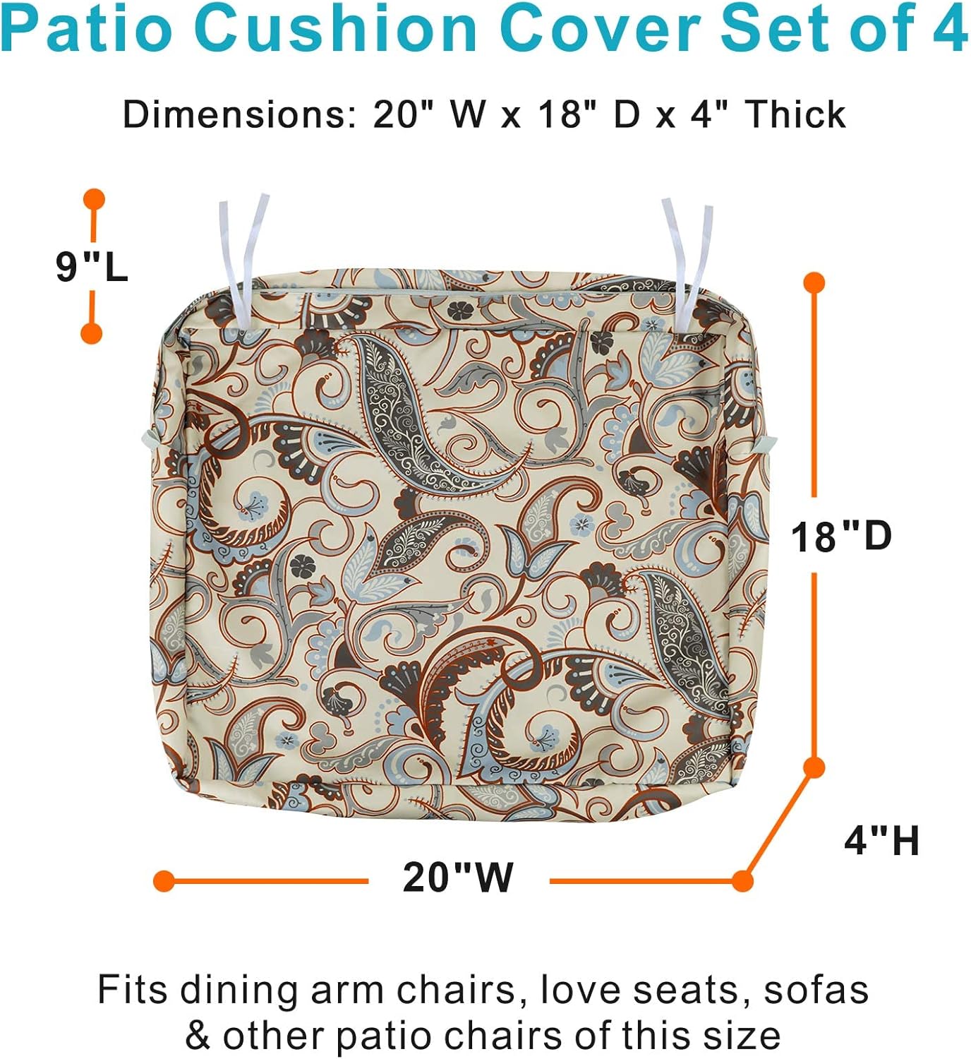 NettyPro Patio Furniture Cushion Covers Replacement Set 4 Water Repellent UV Resistant Outdoor Chair Seat Cushion Slipcover with Zipper and Tie, Replacement Cover Only, 20 x 18 x 4 Inch