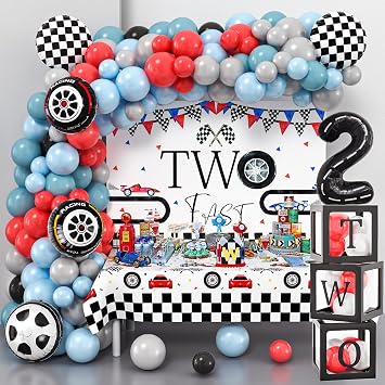 134 Two Fast Birthday Decorations Race Car Party Supplies for 2 Year Old Boy Racing Balloon Garland Arch Kit Backdrop Tablecloth Box Crown Wheel Checkered Balloon 2nd Two Fast Birthday Decor