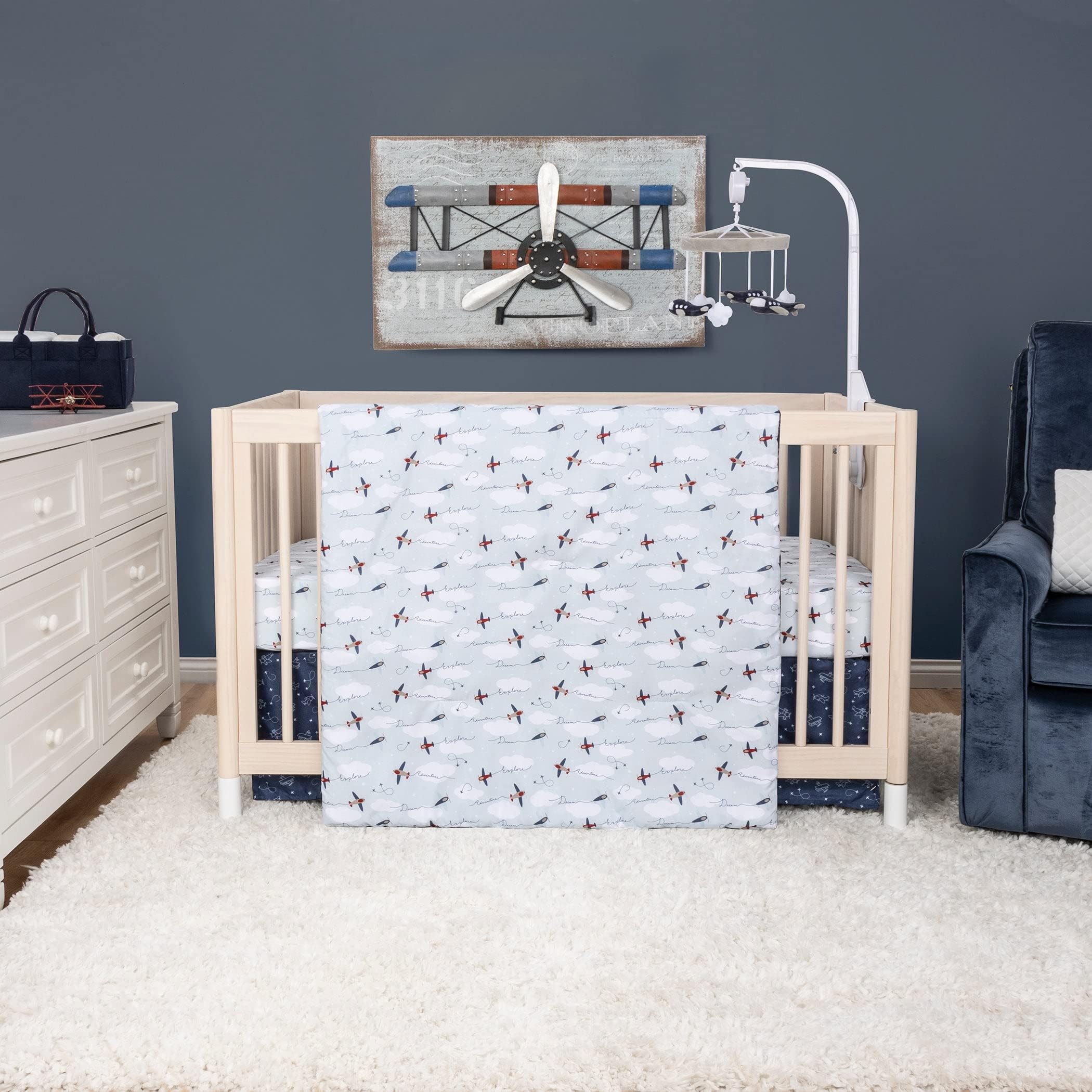 Sammy & LouAir Traveler 3-Piece Baby Nursery Crib Bedding Set, Includes Quilt, Fitted Crib Sheet, and Crib Skirt