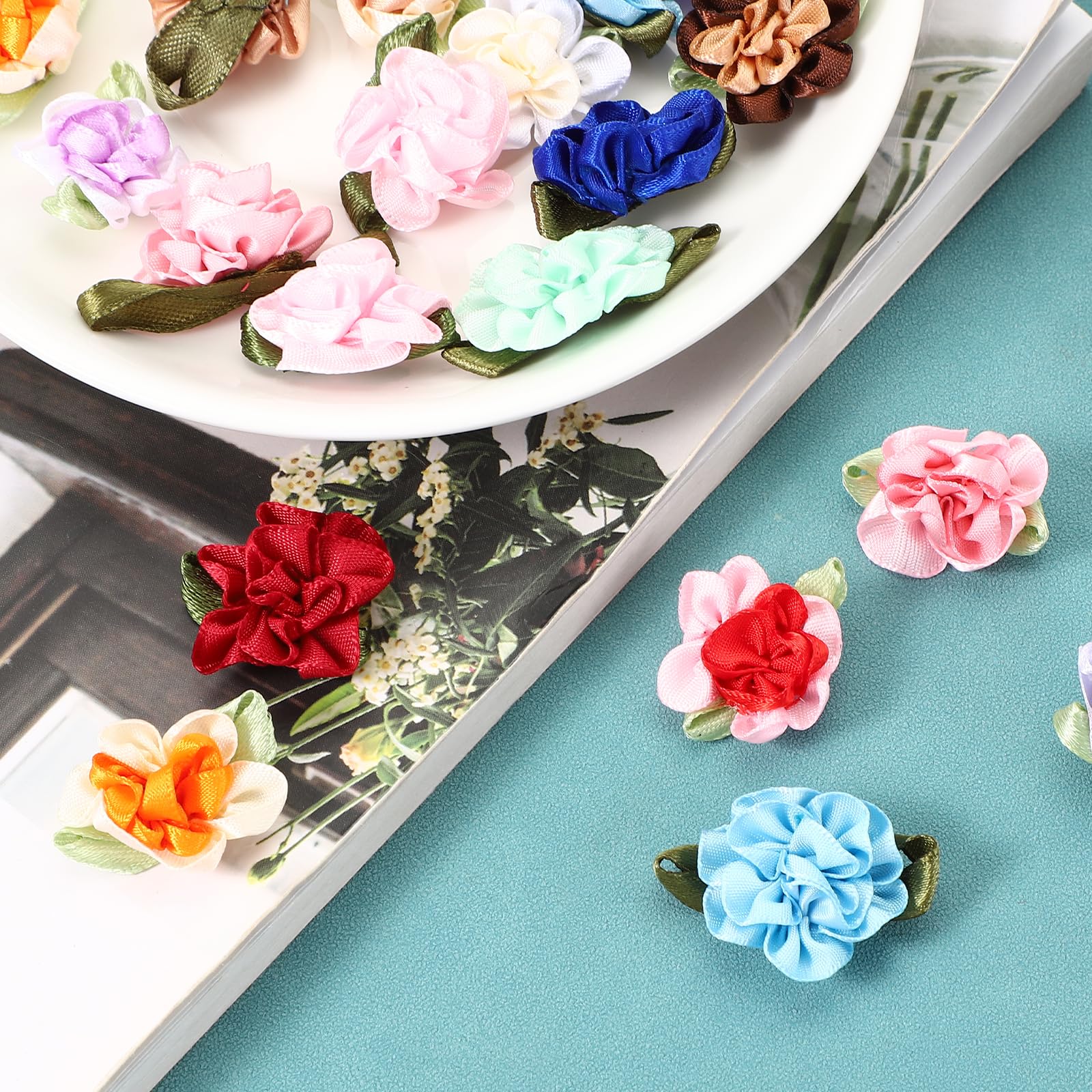 PATIKIL 1 Inch Ribbon Flowers Bows for Crafts 20 Pack Mini Satin Roses Flowers Small Fabric Flower Heads DIY Sewing Appliques for Gift Wedding Bride Ornament Blue/White - Image 4