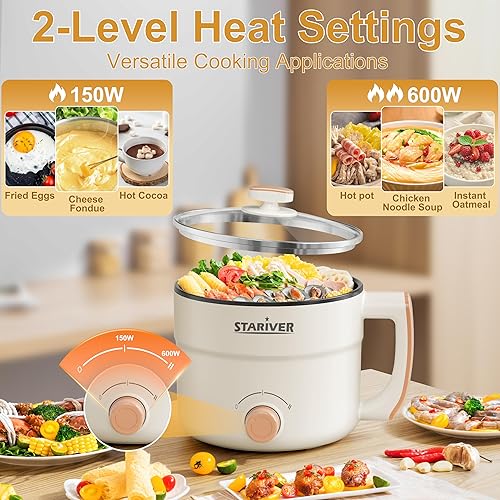 Miniatura 2 de Stariver Olla eléctrica de 1.5 litros con doble potencia, mini cocina antiadherente portátil para fideos para ramen, sopa, pasta, huevo, avena,