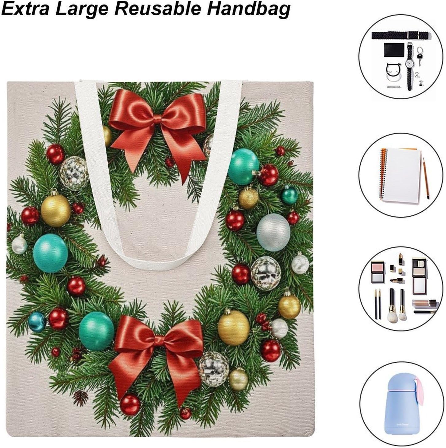 Christmas Wreath Canvas Tote Bag Reusable Grocery Bags Foldable Soft Cotton Shoulder Carry Bag