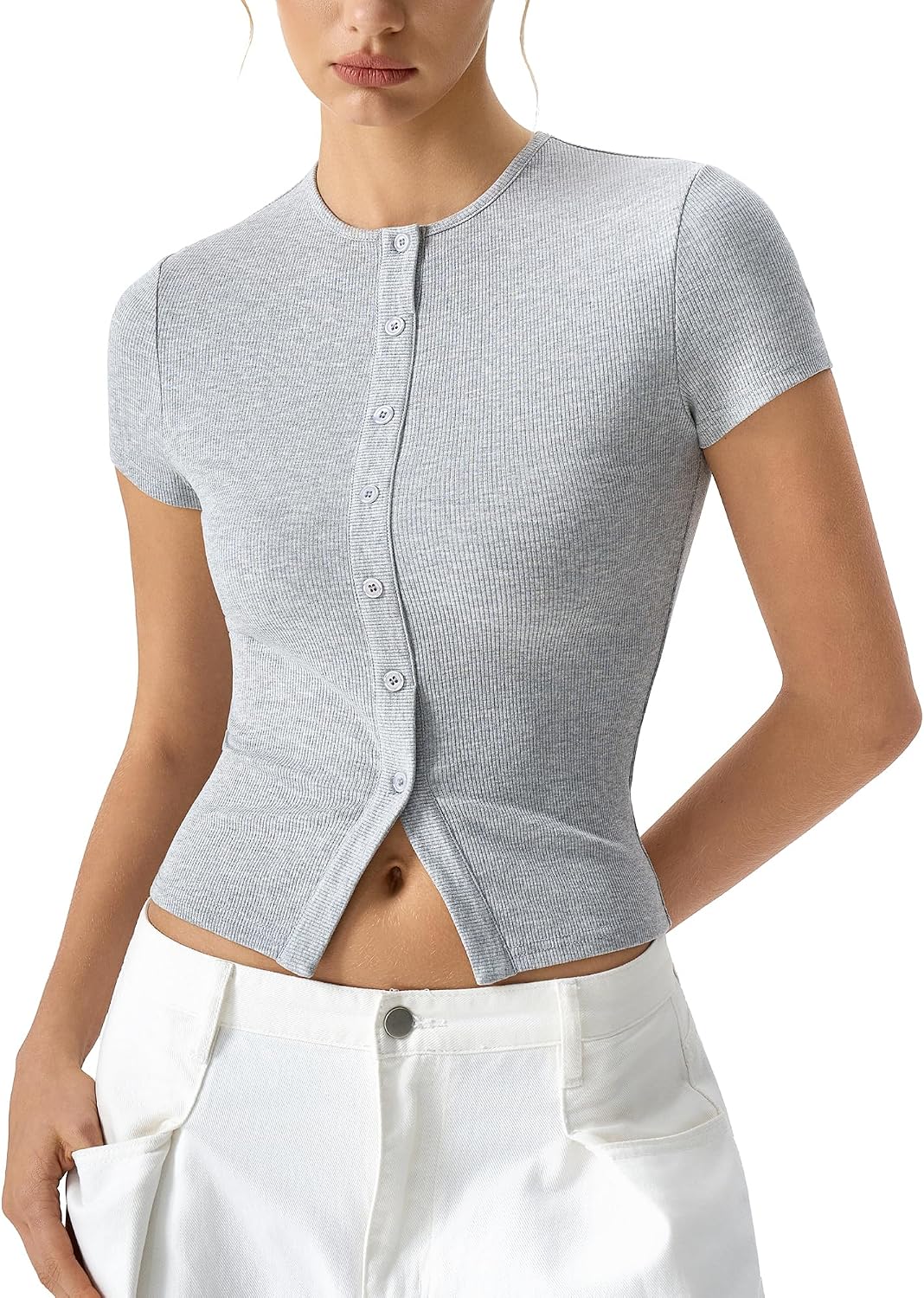 QINSEN Women's Crewneck Short Sleeve T Shirts Ribbed Button Going Out Trendy Tops