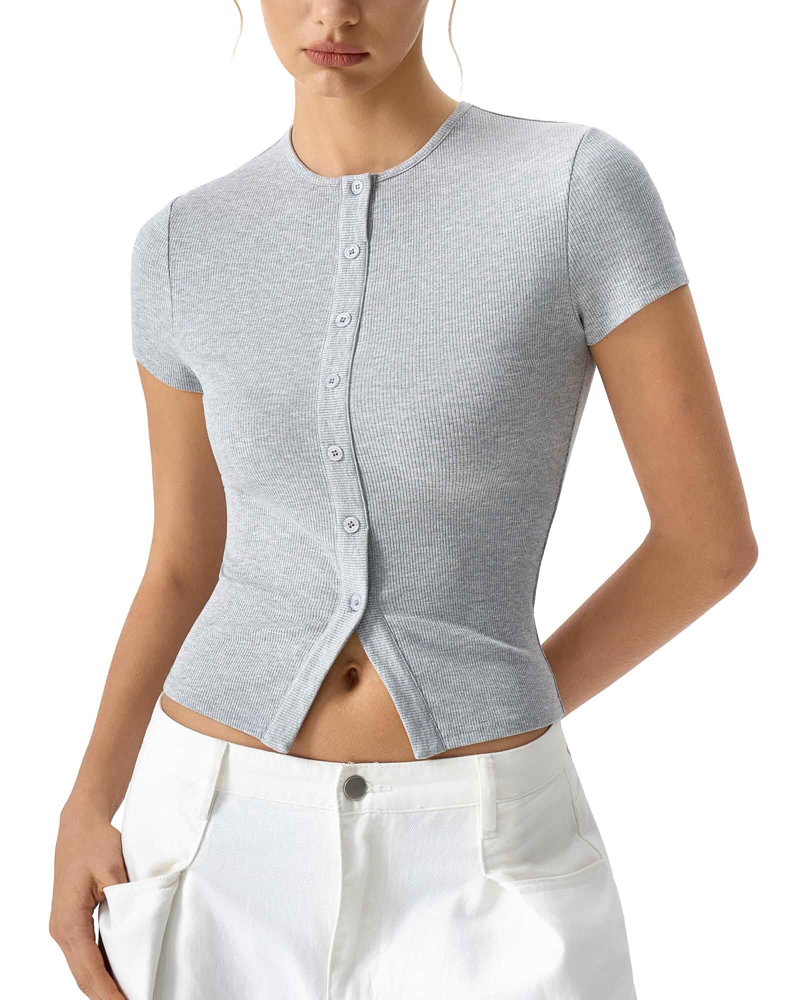 QINSEN Women's Crewneck Short Sleeve T Shirts Ribbed Button Going Out Trendy Tops Cap Sleeve