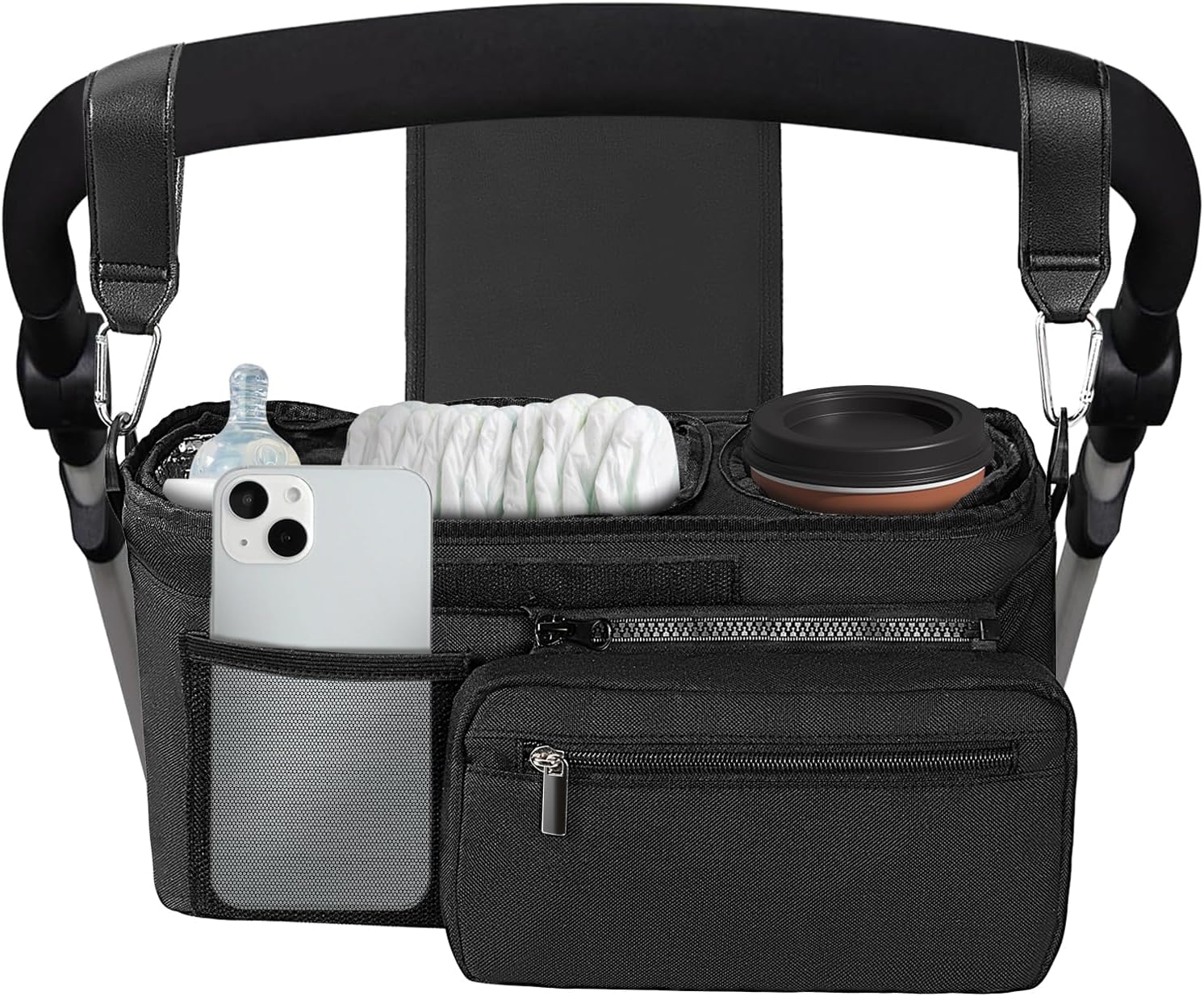Universal Stroller Organizer with Insulated Cup Holder, Stroller Caddy with Detachable Bag & Shoulder Strap, Stroller Attachment Non-Slip Secure Hooks Accessories Fits Most Strollers