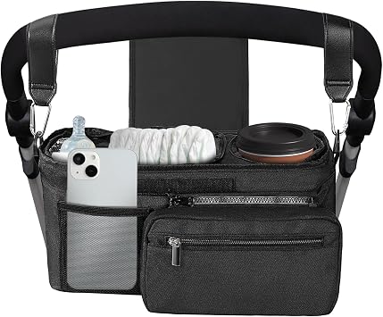 Universal Stroller Organizer with Insulated Cup Holder, Stroller Caddy with Detachable Bag & Shoulder Strap, Stroller Attachment Non-Slip Secure Hooks Accessories Fits Most Strollers