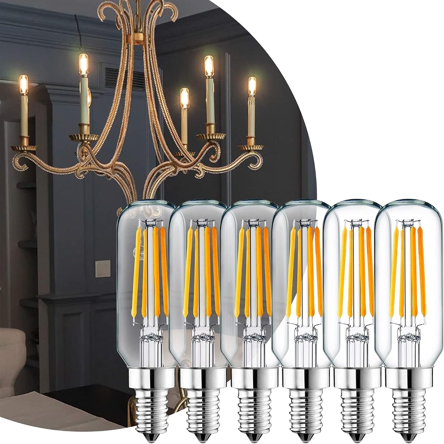 Hudson 4W LED Candelabra Light Bulb (6 Pack) - 3000K Dimmable T6/U Shaped Warm White Chandelier Bulbs (40W Equivalent) - E12 Small Base T25 UL Listed Indoor/Outdoor Candle Light LED Bulbs