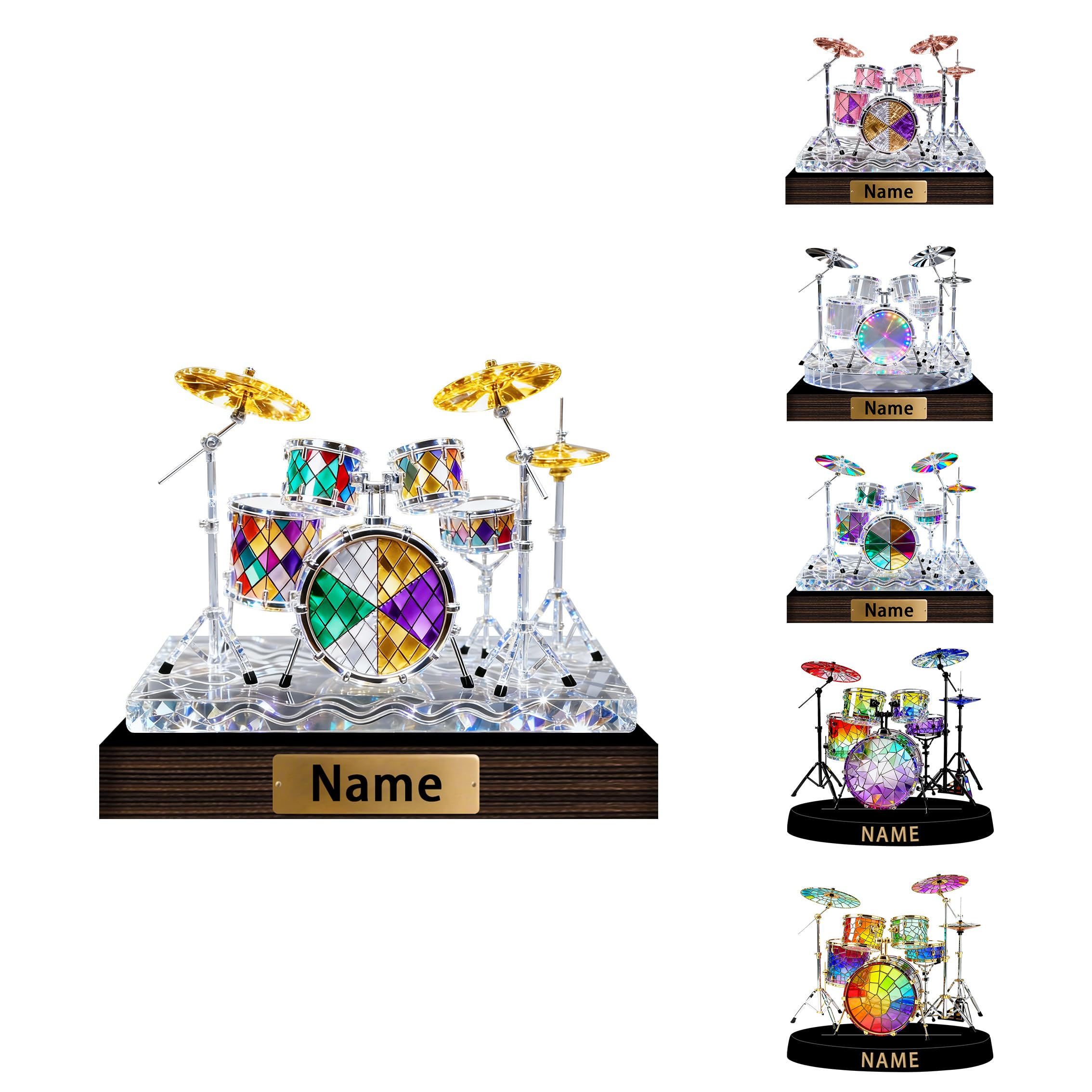 SweetJECCU Personalized Stained Glass Drum Night Light Custom Name Multiple Color Changing LED Drum Lamp, Light Up Music Desk Ornament, Birthday Christmas Gifts for Music Lovers