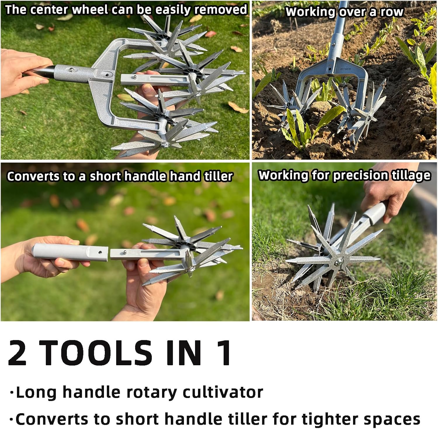 Rotary Cultivator, Adjustable Hand Tiller Garden Tool with Detachable Solid Metal Tines for Loosing and Mixing Soil,2-in-1 Manual Tiller Garden Cultivator for Reseeding Grass 58 Inch