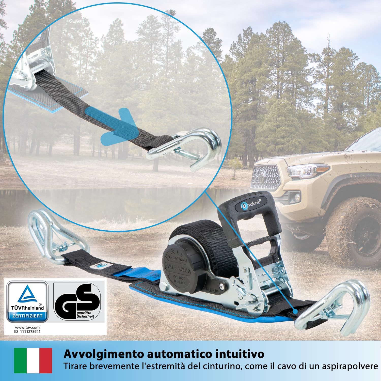 valonic GRIZZLY - 2x 5m XXL Cinghie di fissaggio automatiche con gancio a moschettone, 35mm, 800/1600 Kg, imbottite, certificate TÜV Rheinl. e GS, EN 12195-2 - con cricchetto, nero