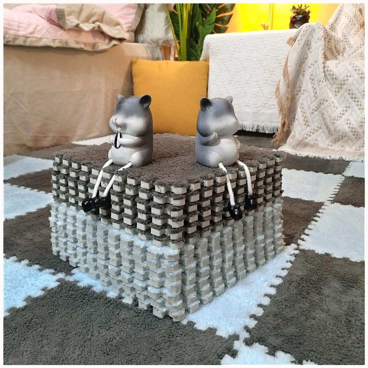 40pcs Plush Interlocking Anti-Slip Foam Carpet Tiles with Border, Puzzle Rug 0.4" Thick Eva Jigsaw Floor Mat for Home Living Room Bedroom(Blue+Gray)