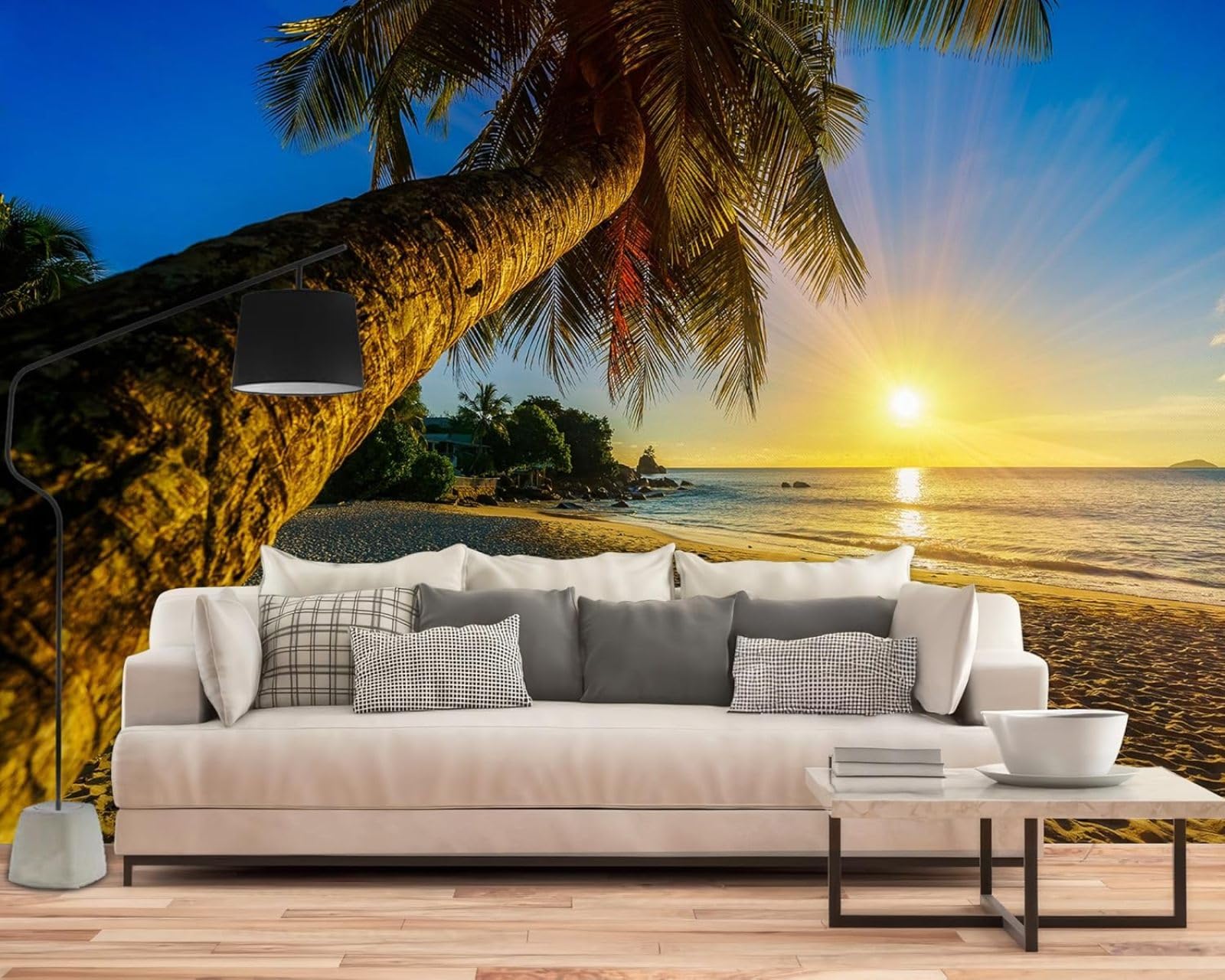 hgjdjhnf Photo Wallpaper Sunset Beach Palm Tree Sea Non-Woven ModernLiving Room Bedroom Children's RoomDecoration Motif Wallpaper,250cmx175cmSticker - Background- Painting - Poster