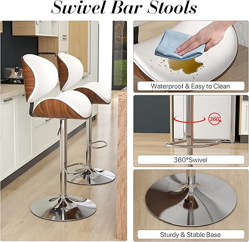 Miniatura 4 de KCC Juego de 4 taburetes de bar, taburetes de bar giratorios de altura ajustable, sillas de bar tapizadas de piel sintética con reposapiés, taburete