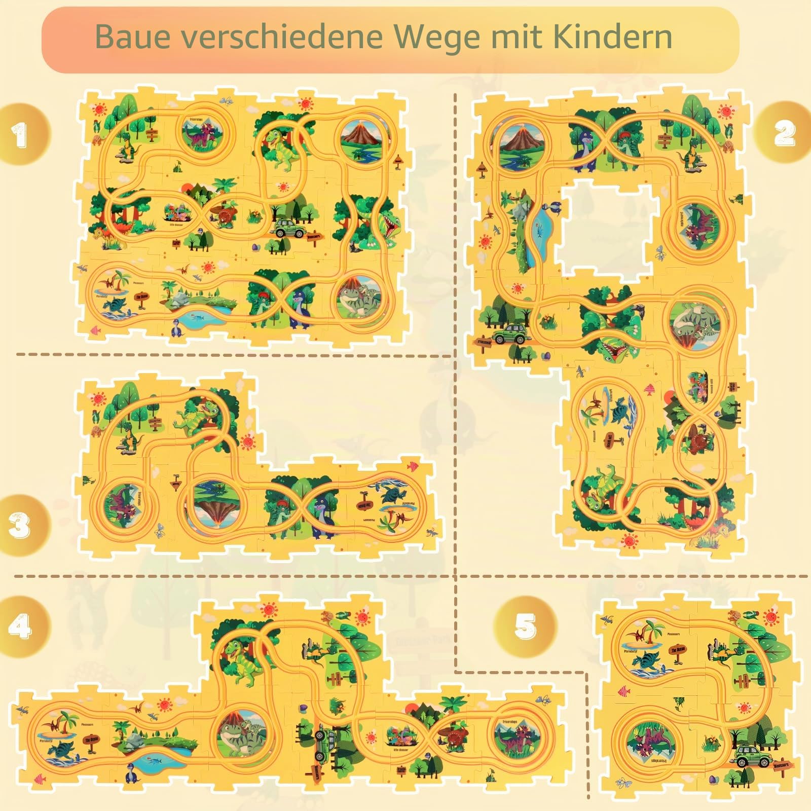 YOOYID Dinosaurier Puzzles Rennbahnen für Kinder im Alter von 3-5 Jahren Kleinkind Kunststoff Puzzle Track Rail Car Playset Track Slot Car Lernspielzeug für 3 4 5 6 Jahre alte Jungen Mädchen