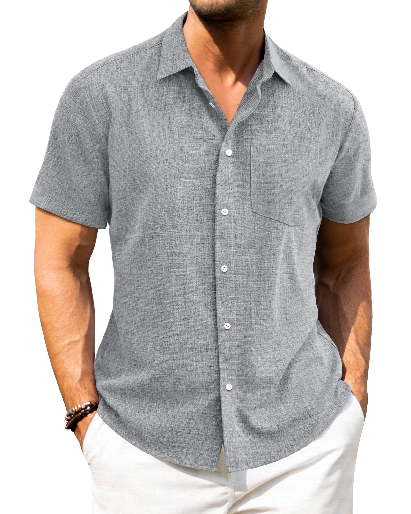 J.VER Leinenhemd Herren Kruzarm Freizeithemd Regular Fit Leicht und Luftig Sommerhemd Leinen Shirt mit Tasche