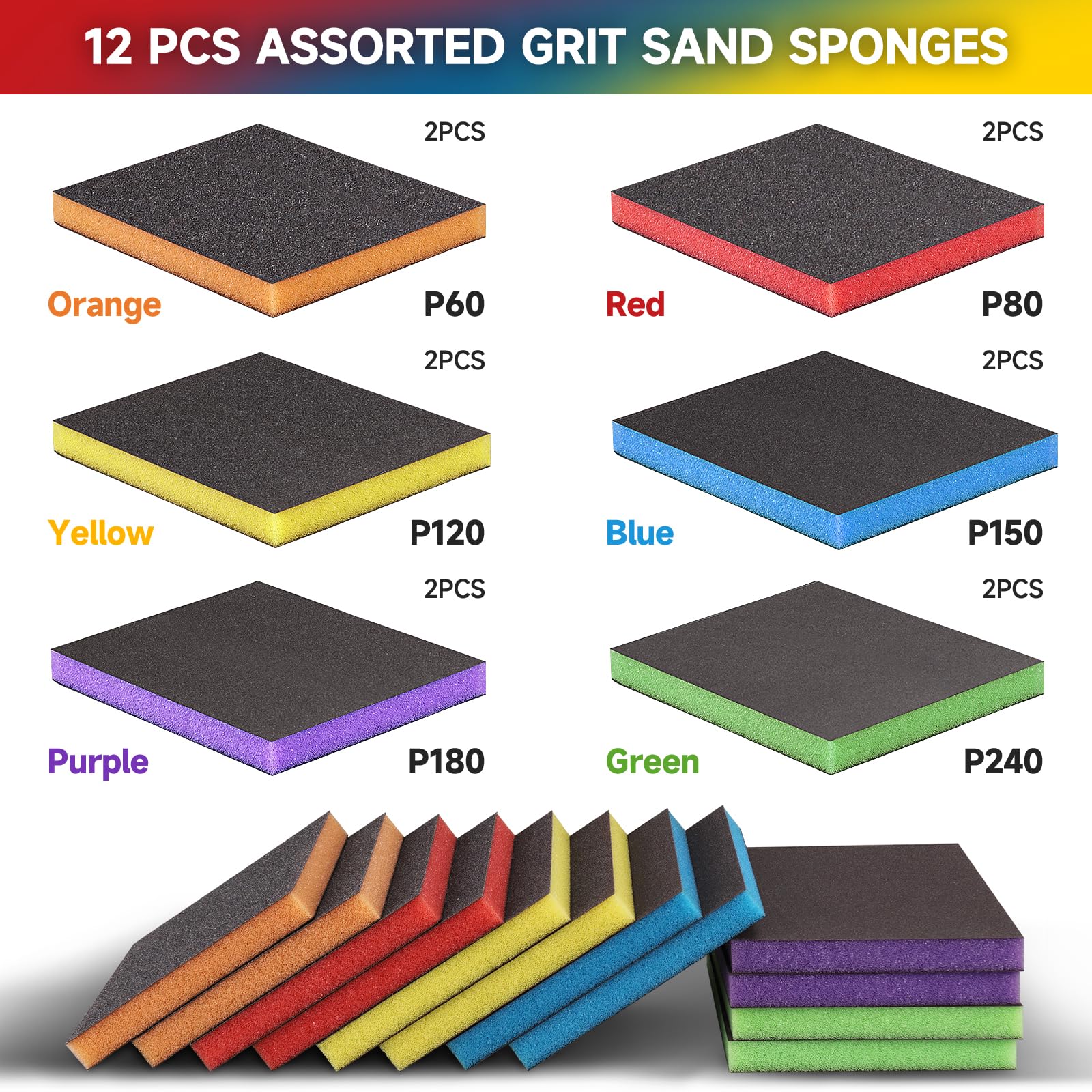 PMIQSA 12PCS Sanding Blocks 4.7x3.9x0.4inches Sanding Sponges 60/80/120/150/180/240 Grits Sandpaper Block Wet and Dry Dual-use Fine Sanding Blocks for Wood Metal Walls Polishing - Image 2