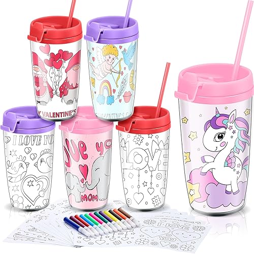 Mumufy 6 tazas de bricolaje para el día de San Valentín para niños y niñas, tazas para colorear de 8.5 onzas para niños y niñas, tazas de fiesta del