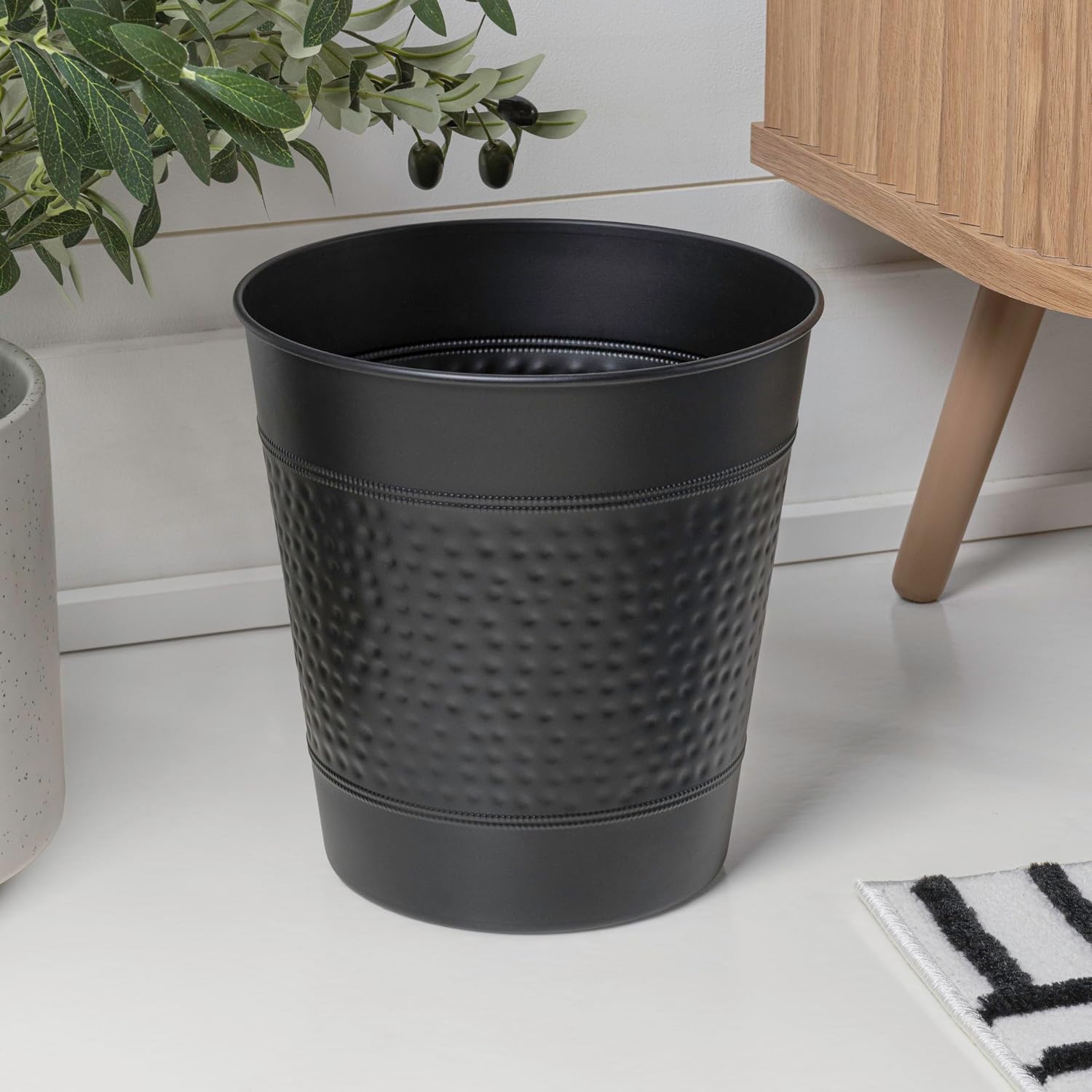 happimess HPM1111A-SET2 Riley Modern Classic Hammered Steel Accent 2 Gal Waste Bin for Kitchen, Office, Bathroom, Bedroom, Dorm, Matte Black (Set of 2)