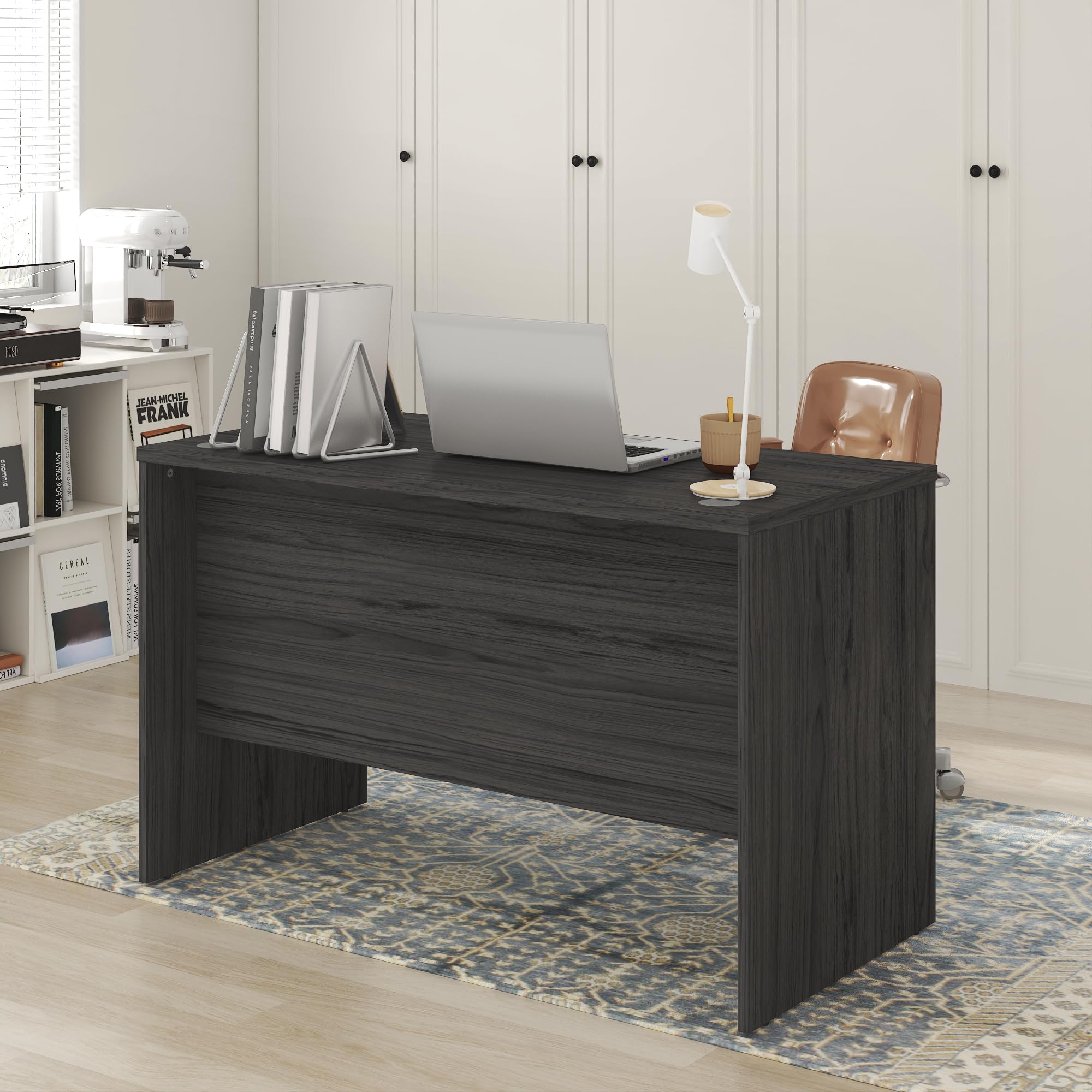 Furinno Roger Computer Desk, 47 Inch Rectangular Executive Desk with Modesty Panel, Home Office Desk with Thick Tabletop, Scratchproof, Credenza, for Home Study, Office, Coastal Grey