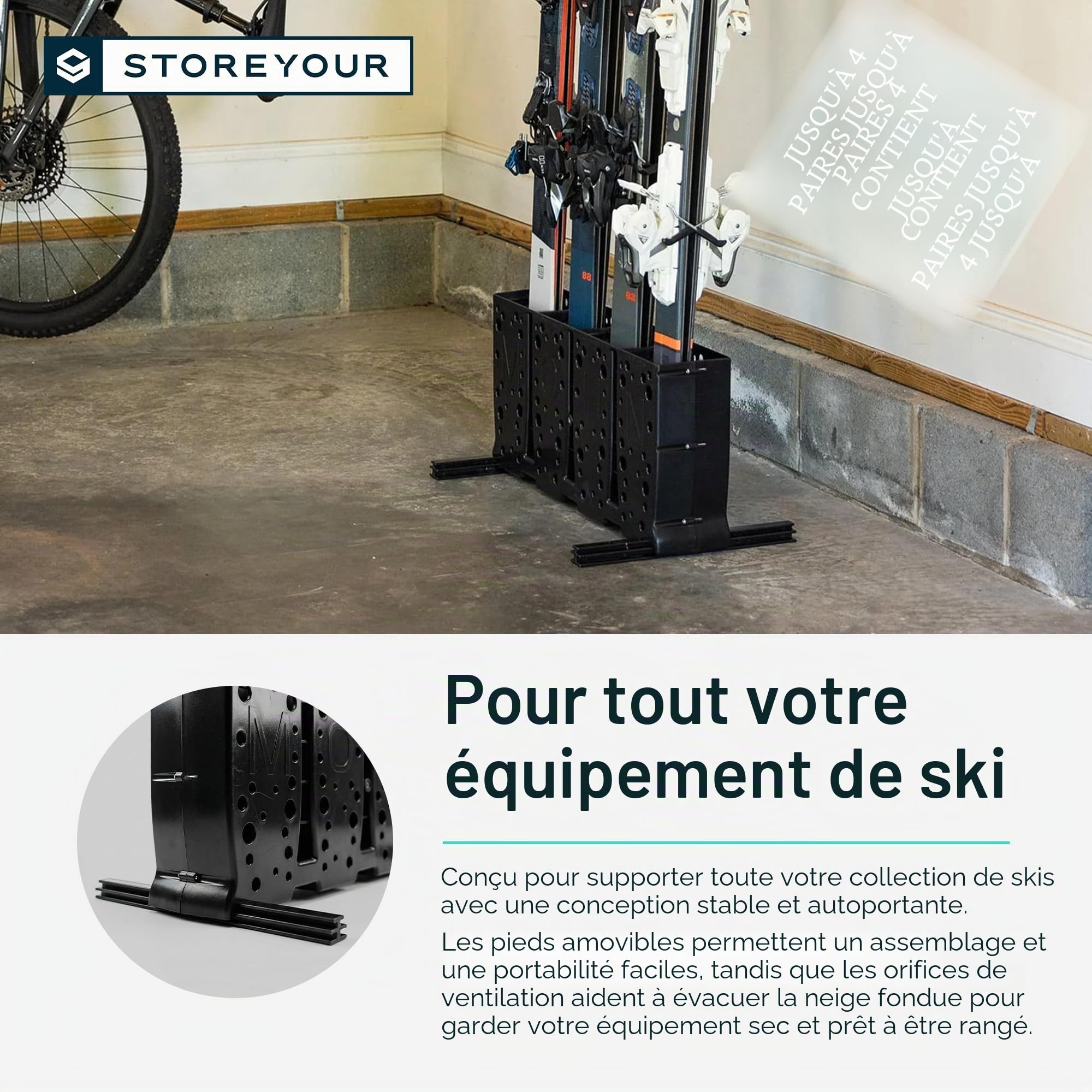 StoreYourBoard Porte-skis, 4 paires de skis autoportants au sol, (Skis larges)