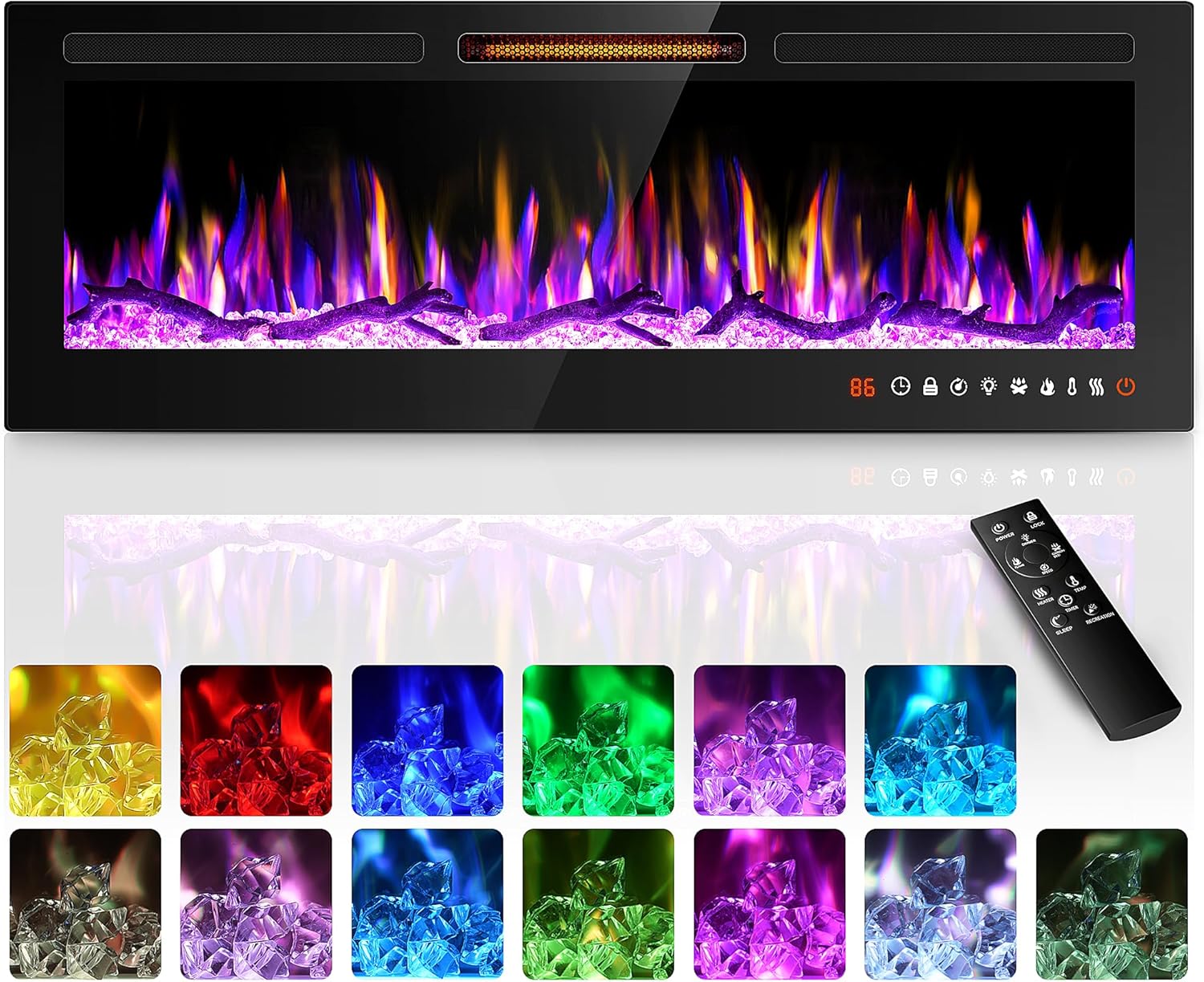 50'' Electric Fireplace Heater, Recessed and Wall Mounted Freestanding Linear Fireplace, Ultra-Thin Wall Fireplace with 13 Adjustable Flame Color and 5 Brightness, Remote Control, 1500/750W 50'' with remote. Not Tested