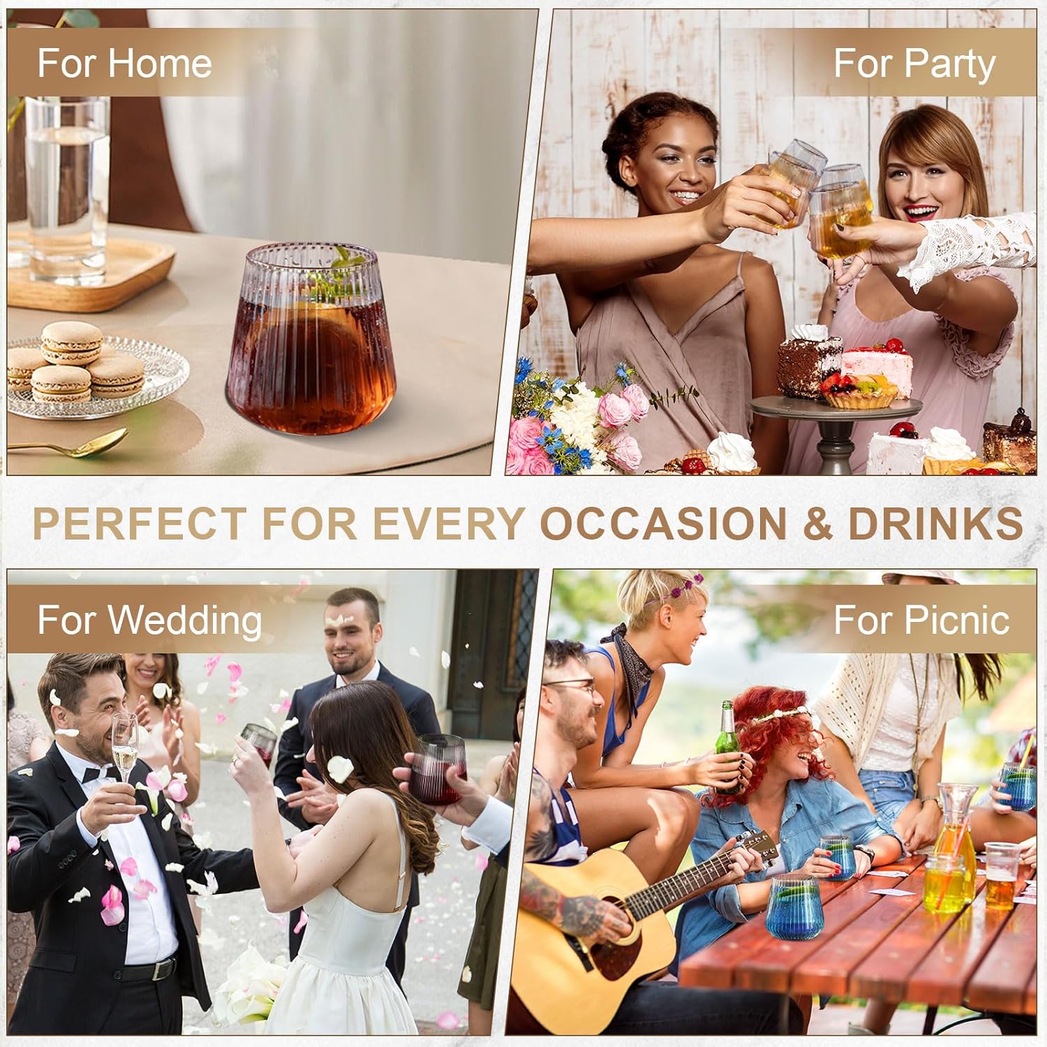 OTOB 40 Pack Stemless Plastic Wine Glasses 14 OZ Origami Ripple Unbreakable Wine Cups, Reusable Disposable Whiskey Champagne Glass, Shatterproof Cocktail Cups for Home Party Wedding Bar, Gold Rim - Image 7