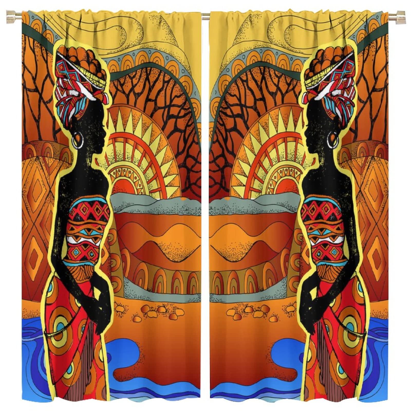 JESTRONRY African Women Bedroom Curtains,Southern Landscape Hand Drawn Black Woman Tribal Ethnic Print Pattern Rod Pocket Window Drapes for Living Room Kitchen Bathroom Decor W84xL84in
