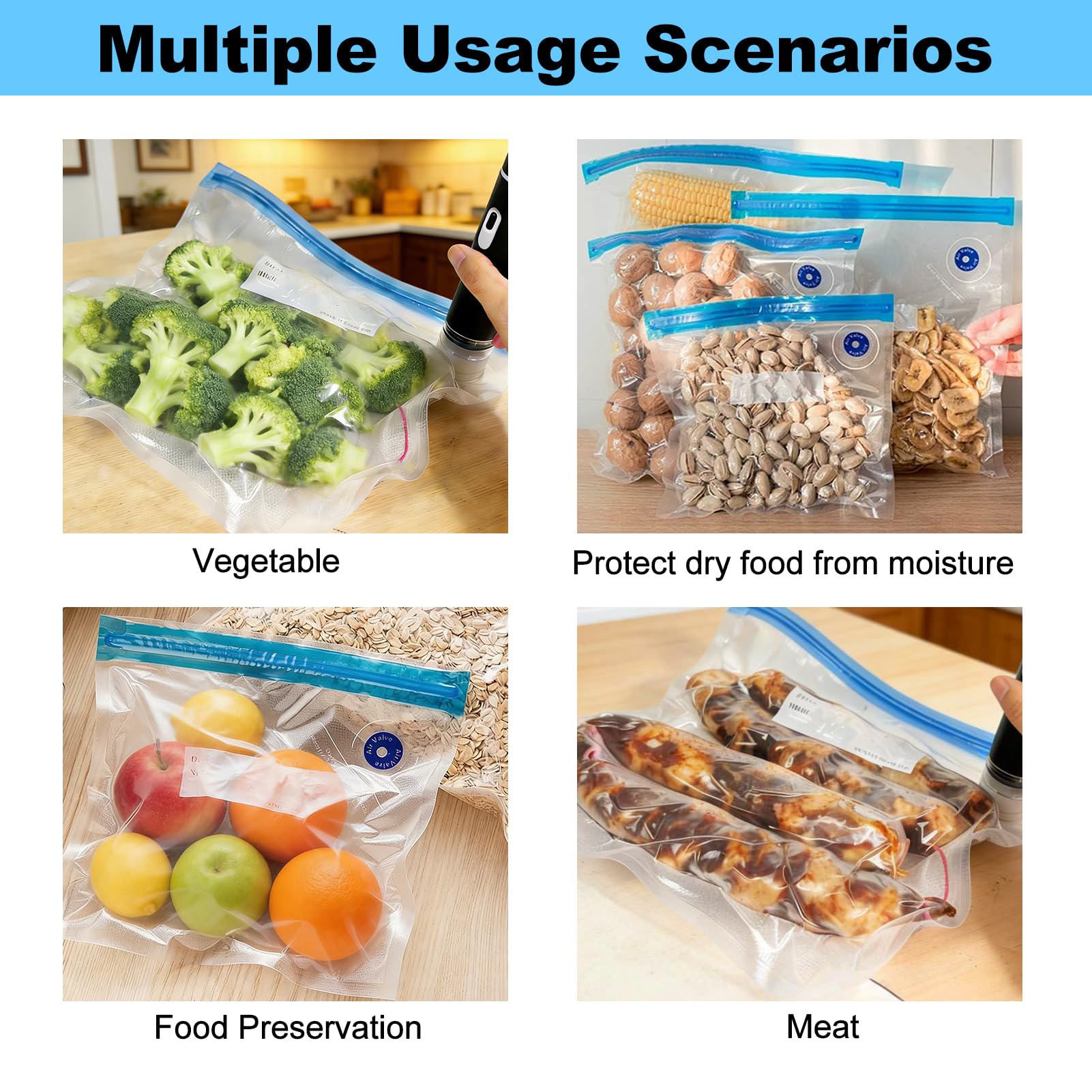 Macchina Sottovuoto Portatile per Alimenti con Serbatoio Visibile 60 kPa Potente Dispositivo di Messa Sottovuoto con 15 Sacchetti Riutilizzabili, Ideale per Casa Viaggi Campeggio e Conservazione degli