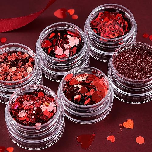 Miniatura 5 de 6 cajas de lentejuelas con purpurina de corazón para el día de San Valentín, polvo rojo con purpurina para uñas, calcomanías de arte de uñas, uñas
