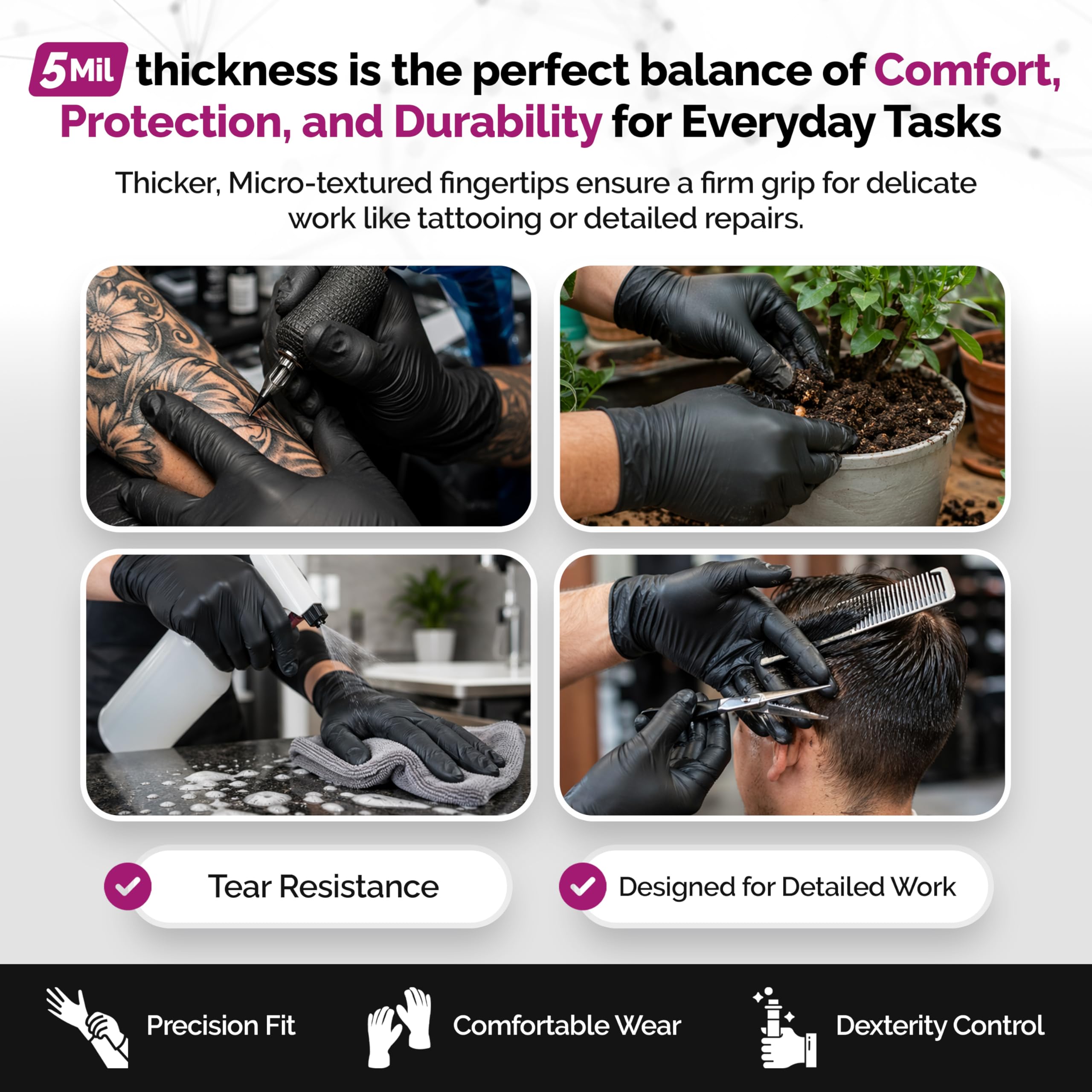 GripProtect Guantes de investigación de nitrilo negro de precisión 5 | guantes desechables sin polvo | médico, aplicación de la ley, tatuaje, agricultura, hidro, quimioterapia clasificada, resistente