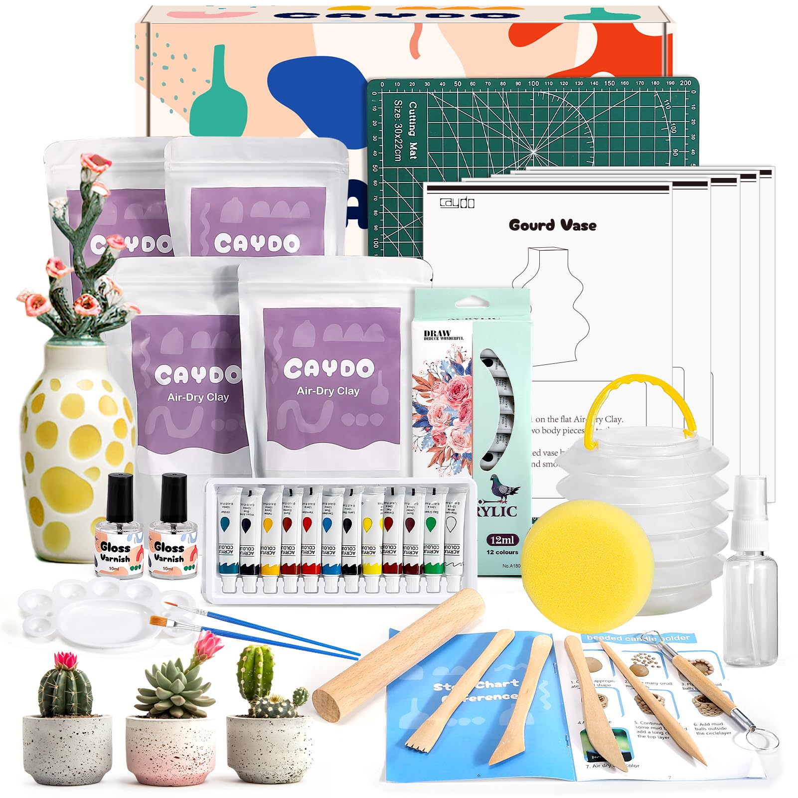 Caydo Lufttrocknendes Ton-Set für Erwachsene & Anfänger – Komplettes Töpfern-Set mit Werkzeugen, Acrylfarben, Lack & Anleitung – Ideal für Zuhause & Weihnachten