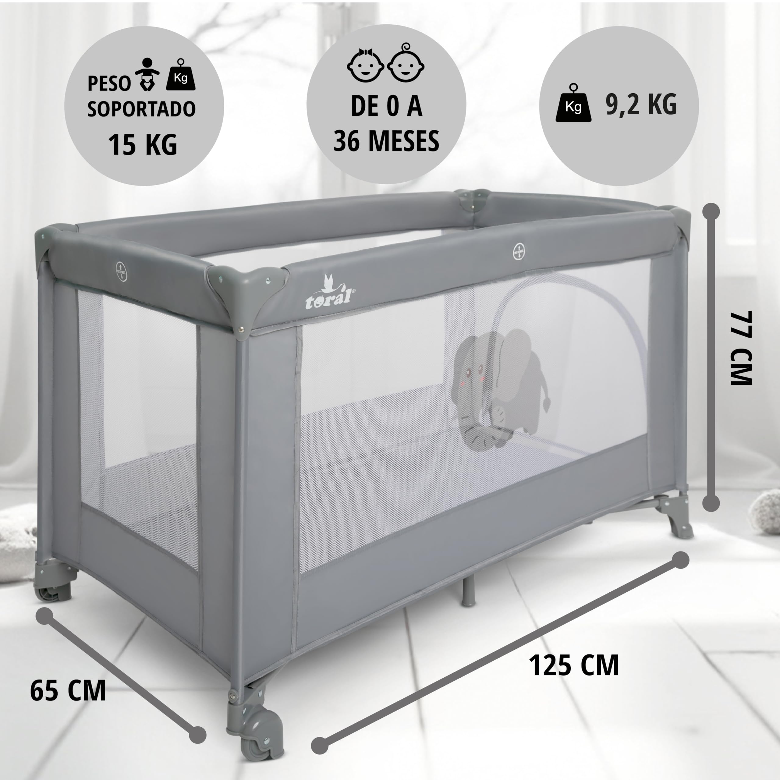 TORAL Cuna de Viaje Bebe con Colchon - Parque Cuna Bebe 2 en 1, Ideal para Casa y Viaje, Práctico Parque Infantil para Jugar Modelo Adventure Gris